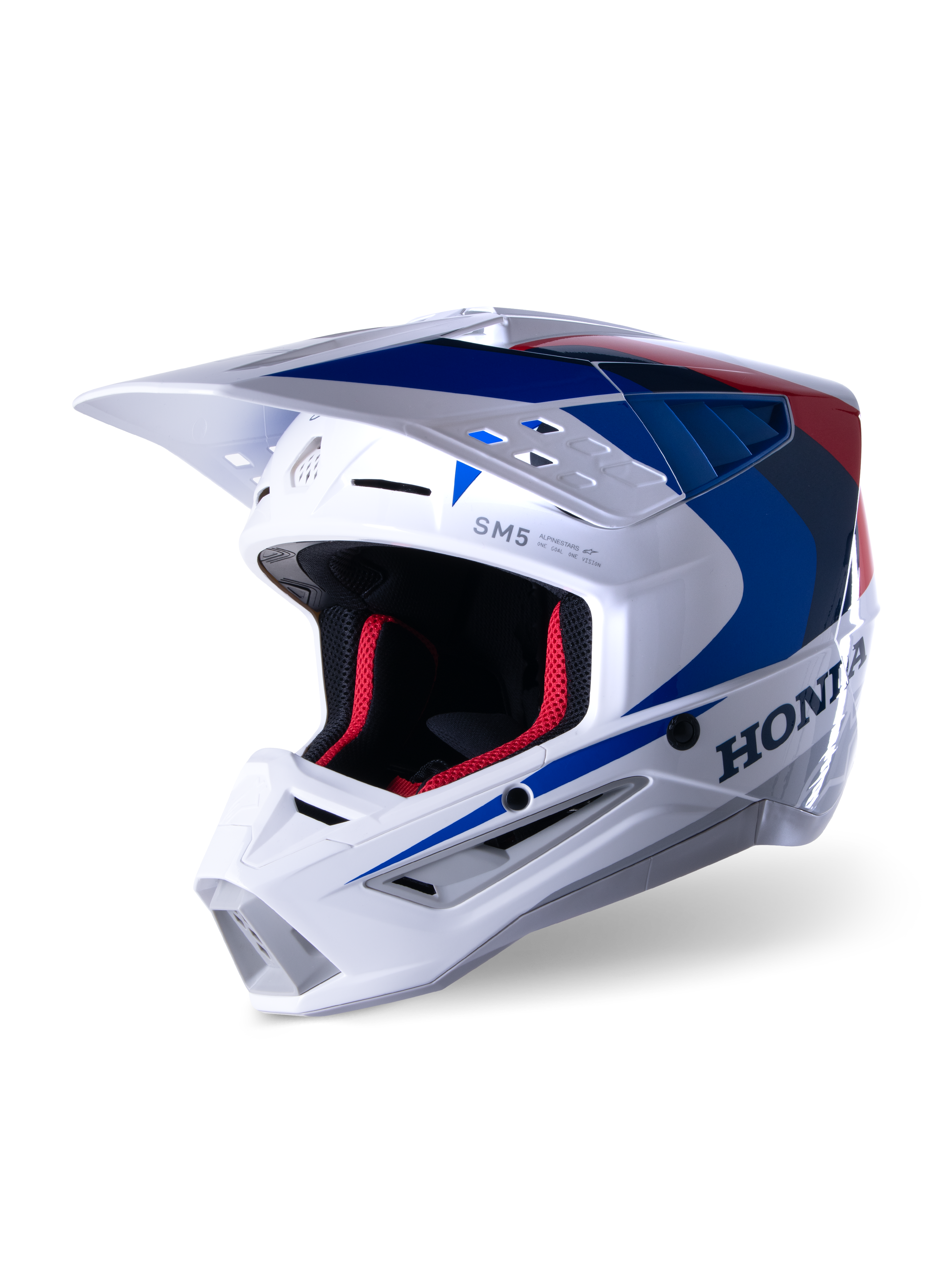 Capacete Alpinestars Honda S-M5 ECE, capacete de motocross, branco, azul e vermelho brilhante, com a marca Honda em destaque na lateral, forro interior em malha vermelha, viseira aerodinâmica com entradas de ar integradas, design gráfico elegante para corridas off-road
