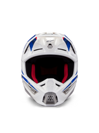 Capacete Alpinestars Honda S-M5 ECE, capacete de motocross, branco, azul e vermelho brilhante, vista frontal mostrando as aberturas de ventilação e o forro interno vermelho, design aerodinâmico para proteção em competições de todo-o-terreno