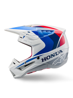 Capacete Alpinestars Honda S-M5 ECE, branco, azul e vermelho brilhante, vista de perfil lateral, com marca Honda em destaque e logótipo da estrela Alpinestars, design aerodinâmico de motocross com múltiplas entradas de ar e uma viseira proeminente, acabamento brilhante