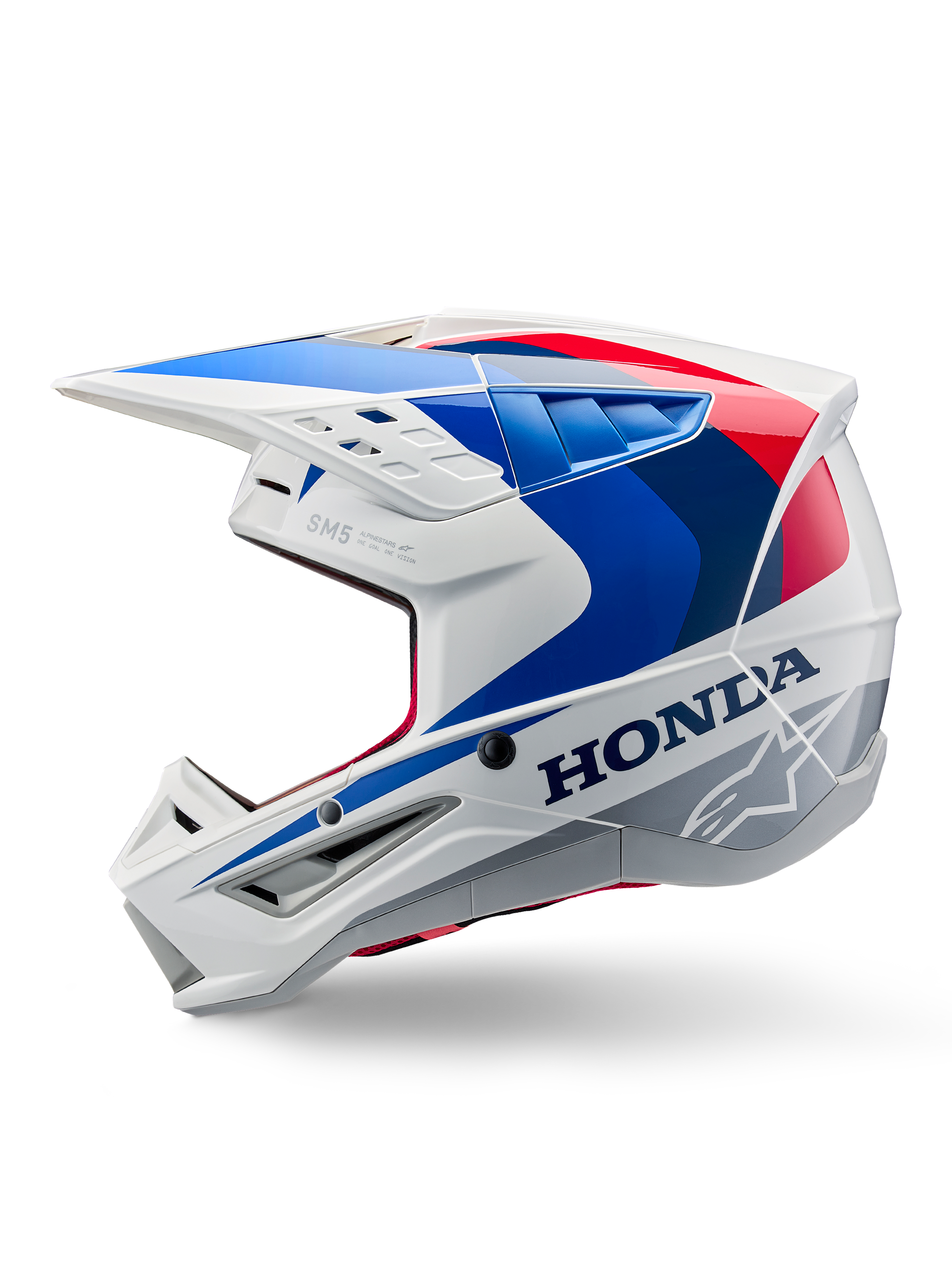 Capacete Alpinestars Honda S-M5 ECE, branco, azul e vermelho brilhante, vista de perfil lateral, com marca Honda em destaque e logótipo da estrela Alpinestars, design aerodinâmico de motocross com múltiplas entradas de ar e uma viseira proeminente, acabamento brilhante