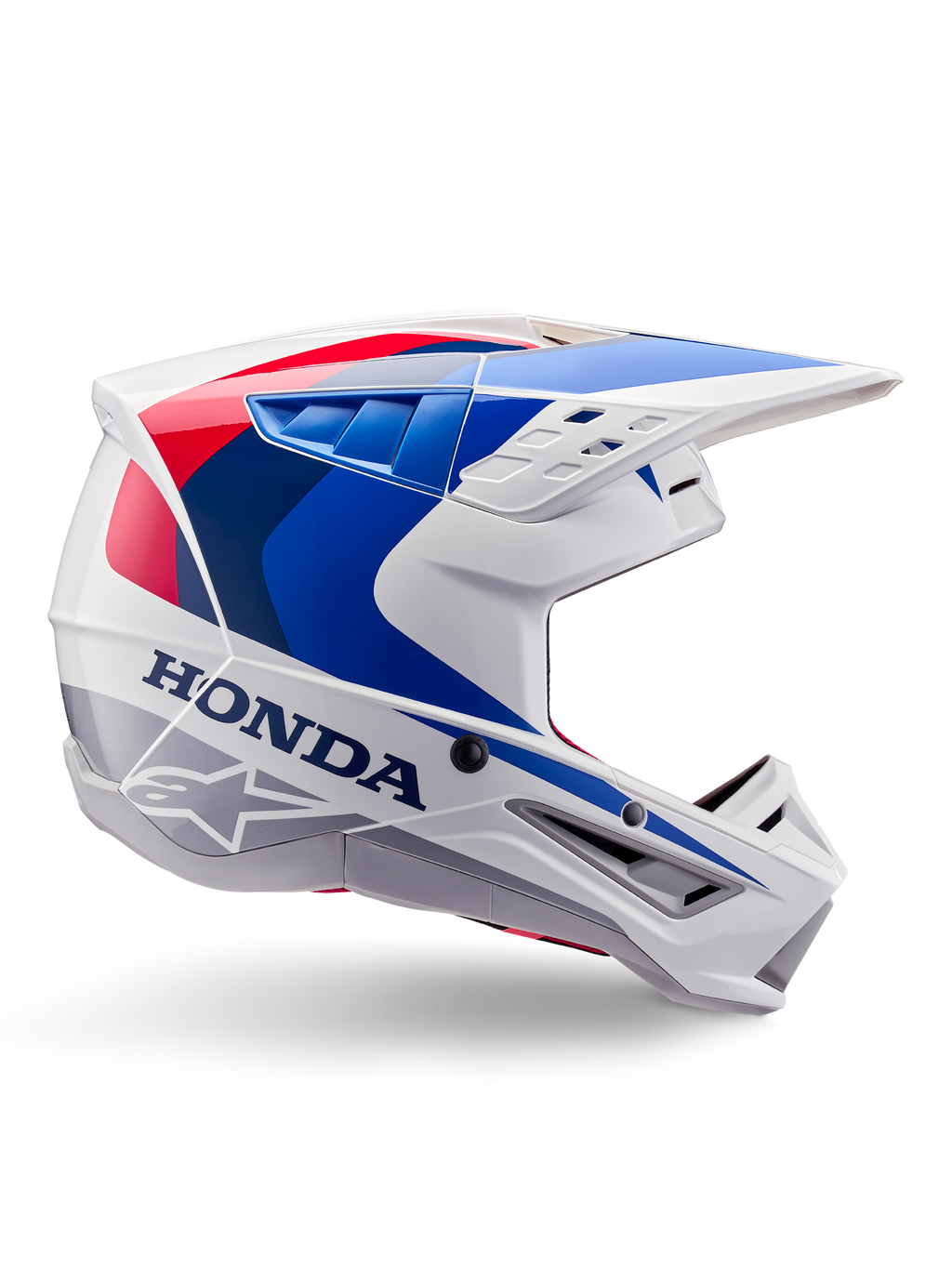 Alpinestars Honda S-M5 Helmet ECE, capacete de motocross, branco, azul e vermelho, vista de perfil lateral, design aerodinâmico com viseira integrada, múltiplas aberturas de ventilação, acabamento brilhante, marca Honda em destaque e logótipo Alpinestars