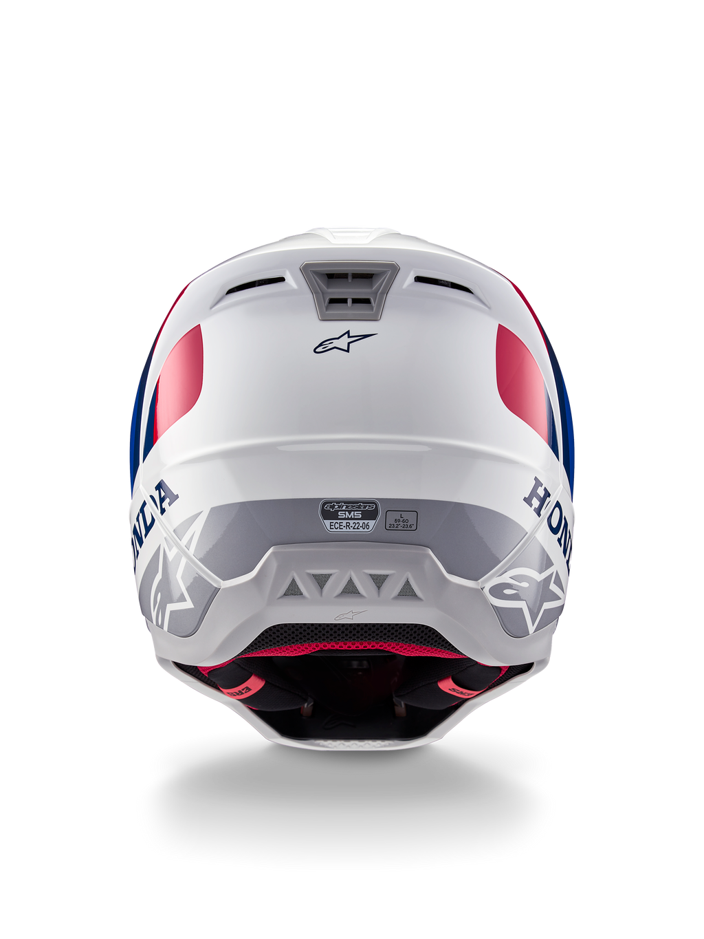 Alpinestars Honda S-M5 Helmet ECE, capacete de motocross, branco, azul e vermelho brilhante, vista traseira com logótipos Honda e Alpinestars, calota aerodinâmica com saídas de ventilação integradas e etiqueta de certificação ECE