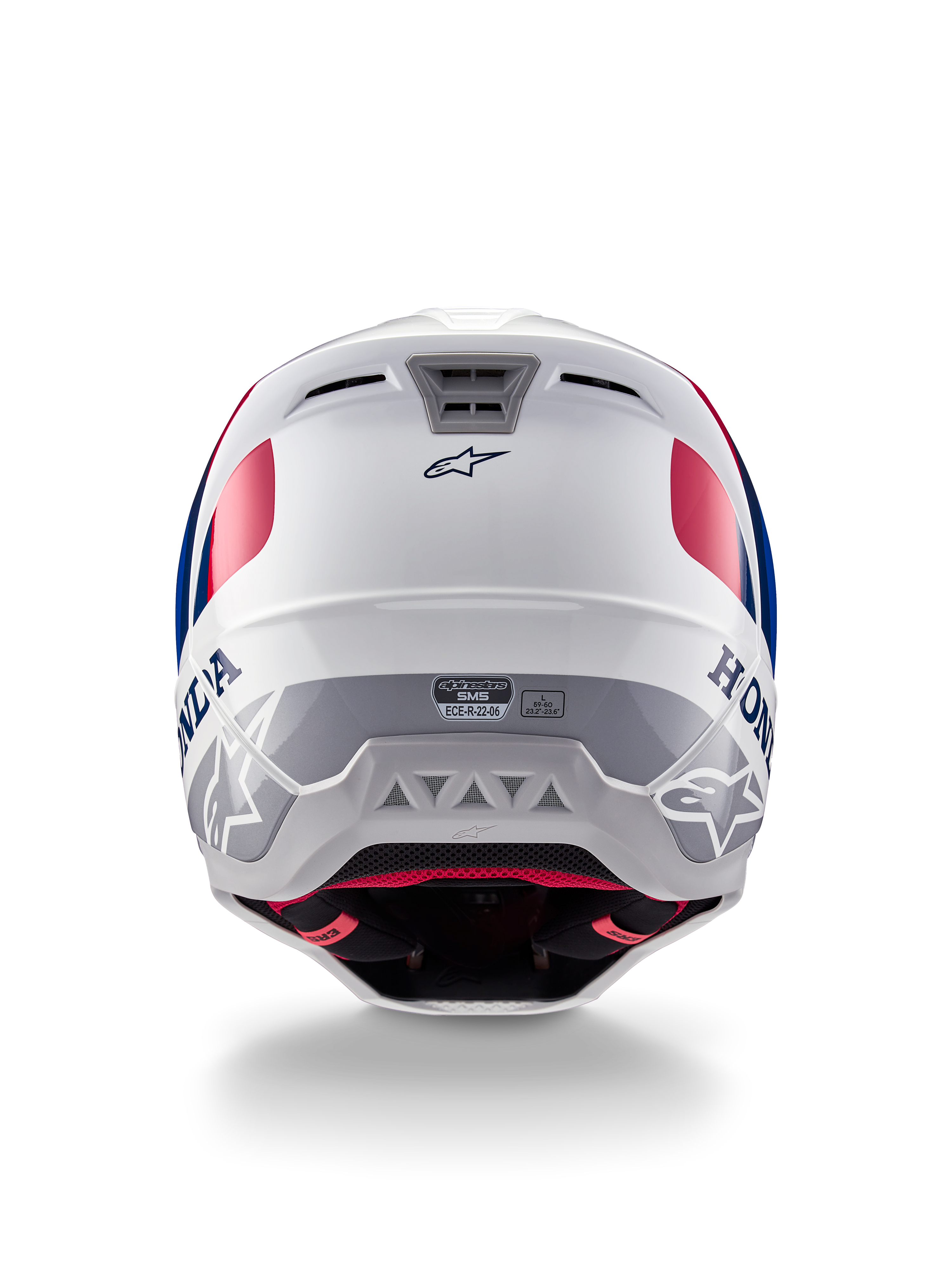 Alpinestars Honda S-M5 Helmet ECE, capacete de motocross, branco, azul e vermelho brilhante, vista traseira com logótipos Honda e Alpinestars, calota aerodinâmica com saídas de ventilação integradas e etiqueta de certificação ECE