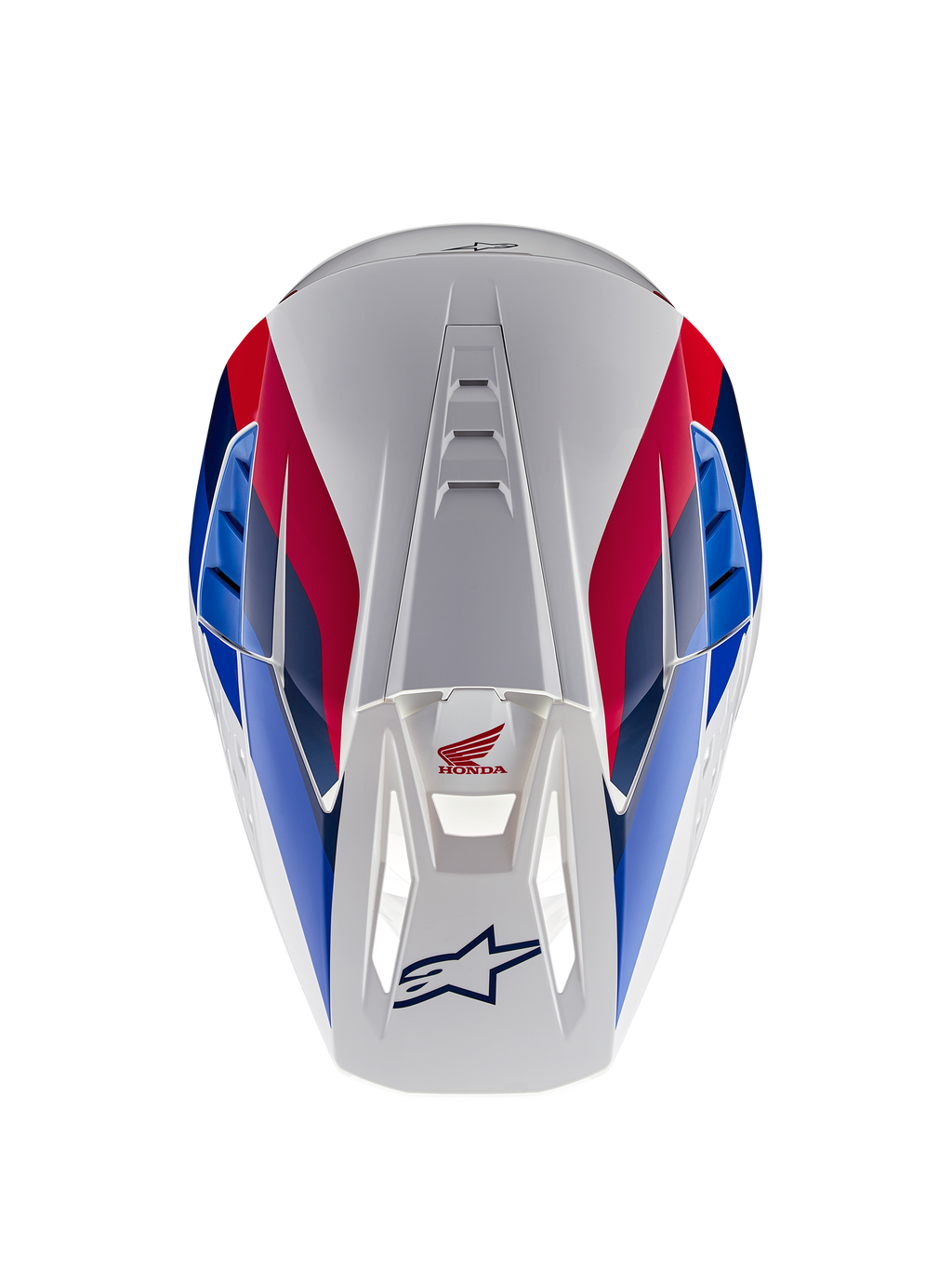 Alpinestars Honda S-M5 Helmet ECE, capacete de motocross, branco, azul e vermelho brilhante, vista superior com destaque para os canais de ventilação, com grafismos em vermelho e azul e logótipos da Honda e Alpinestars