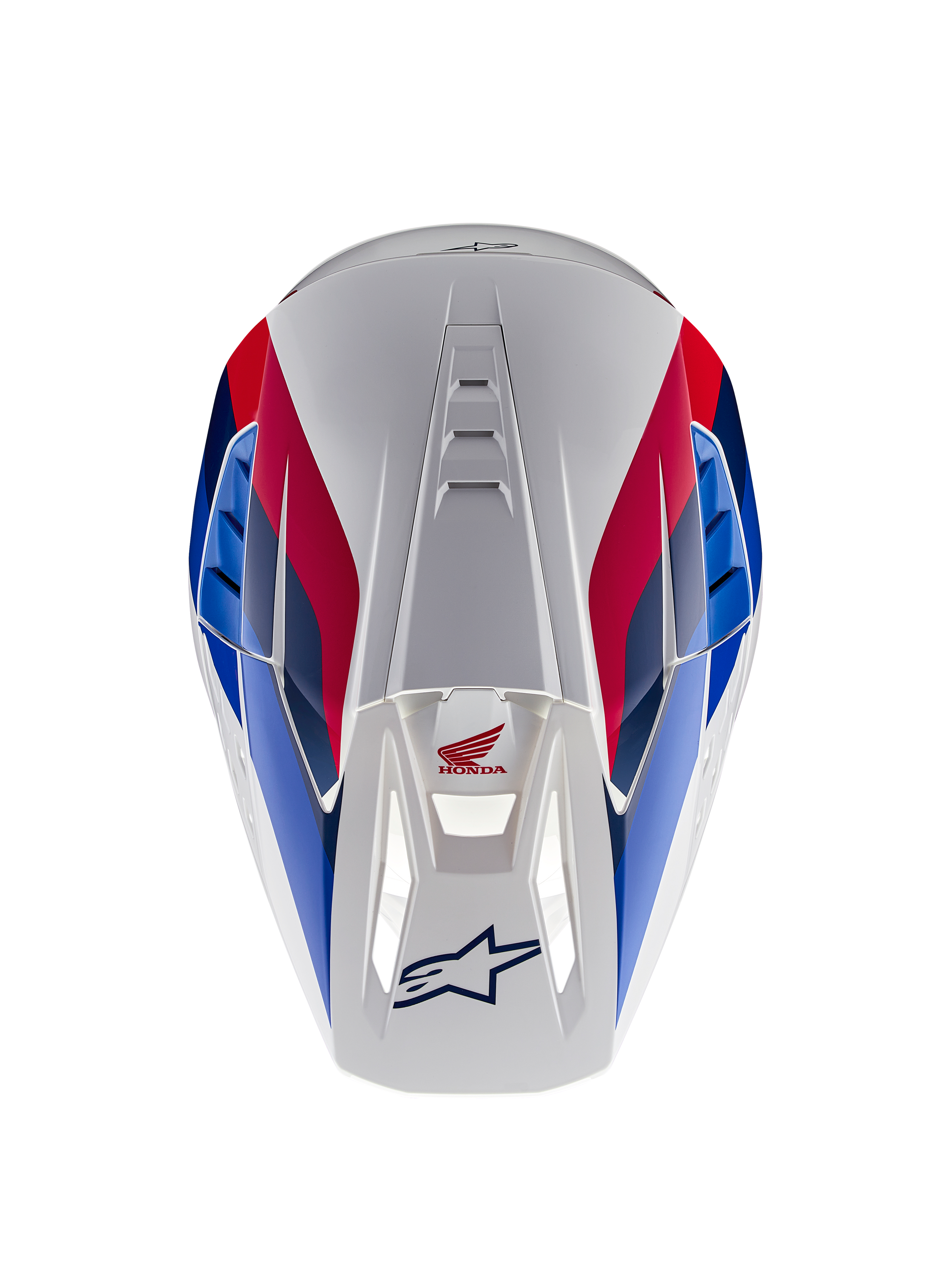 Alpinestars Honda S-M5 Helmet ECE, capacete de motocross, branco, azul e vermelho brilhante, vista superior com destaque para os canais de ventilação, com grafismos em vermelho e azul e logótipos da Honda e Alpinestars