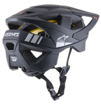 Alpinestars Vector Tech A1 MTB Helmet, capacete de mountain bike, preto mate com pormenores em cinzento claro, perfil lateral-traseiro mostrando aberturas de ventilação, logótipo da estrela Alpinestars branco, marca ASTARS e forro MIPS amarelo visível, com correia de queixo preta ajustável
