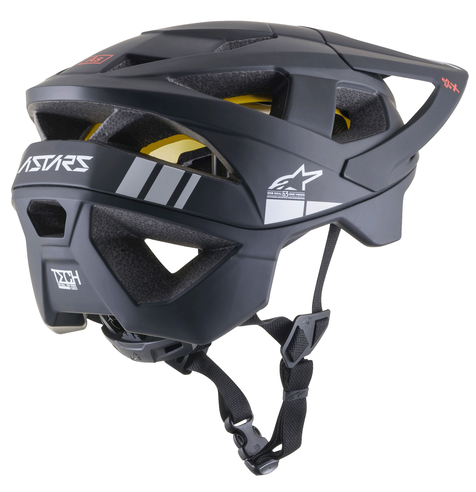 Alpinestars Vector Tech A1 MTB Helmet, capacete de mountain bike, preto mate com pormenores em cinzento claro, perfil lateral-traseiro mostrando aberturas de ventilação, logótipo da estrela Alpinestars branco, marca ASTARS e forro MIPS amarelo visível, com correia de queixo preta ajustável