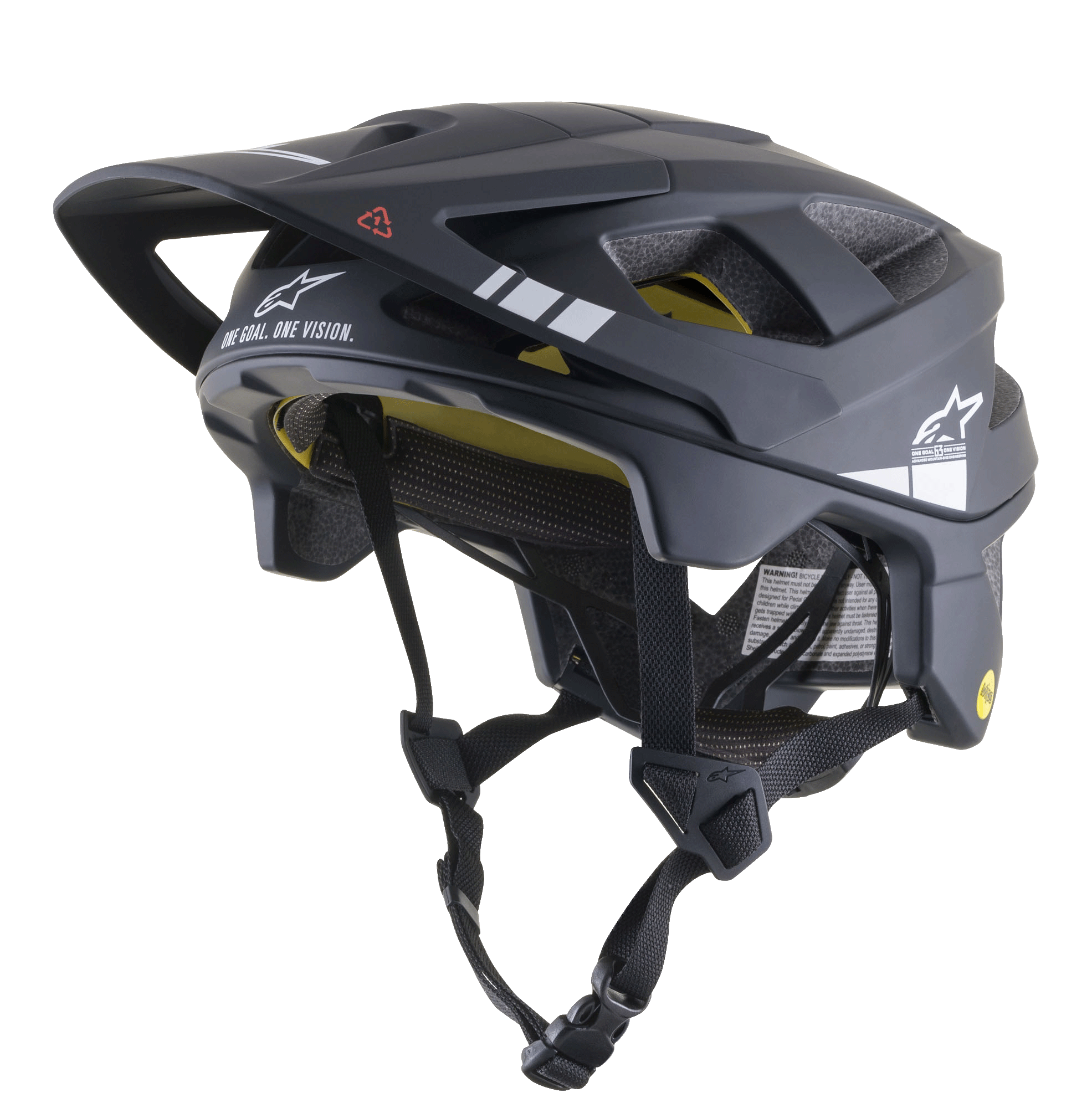 Capacete Alpinestars Vector Tech A1 MTB, capacete de bicicleta de montanha, preto e cinzento claro mate, gráficos brancos e texto "ONE GOAL. ONE VISION.", forro interior MIPS amarelo visível, múltiplas aberturas de ventilação, correias pretas ajustáveis com fivela de libertação rápida, cobertura traseira e lateral estendida, acabamento mate