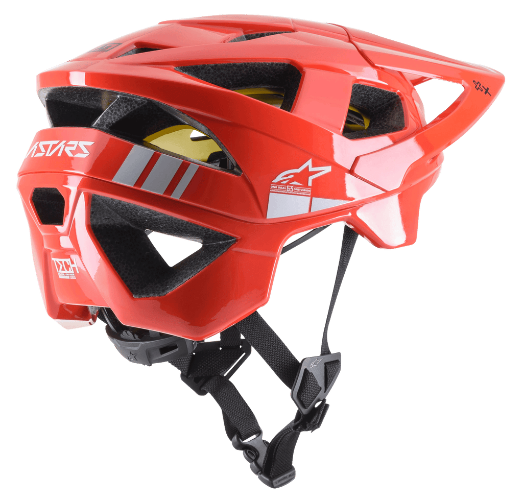 Alpinestars Vector Tech A2 MTB Helmet, capacete de BTT, vermelho vivo e cinzento claro brilhante, com 19 aberturas de ventilação, logótipo branco, forro MIPS amarelo e correia de queixo preta ajustável, durável e leve para proteção todo-o-terreno