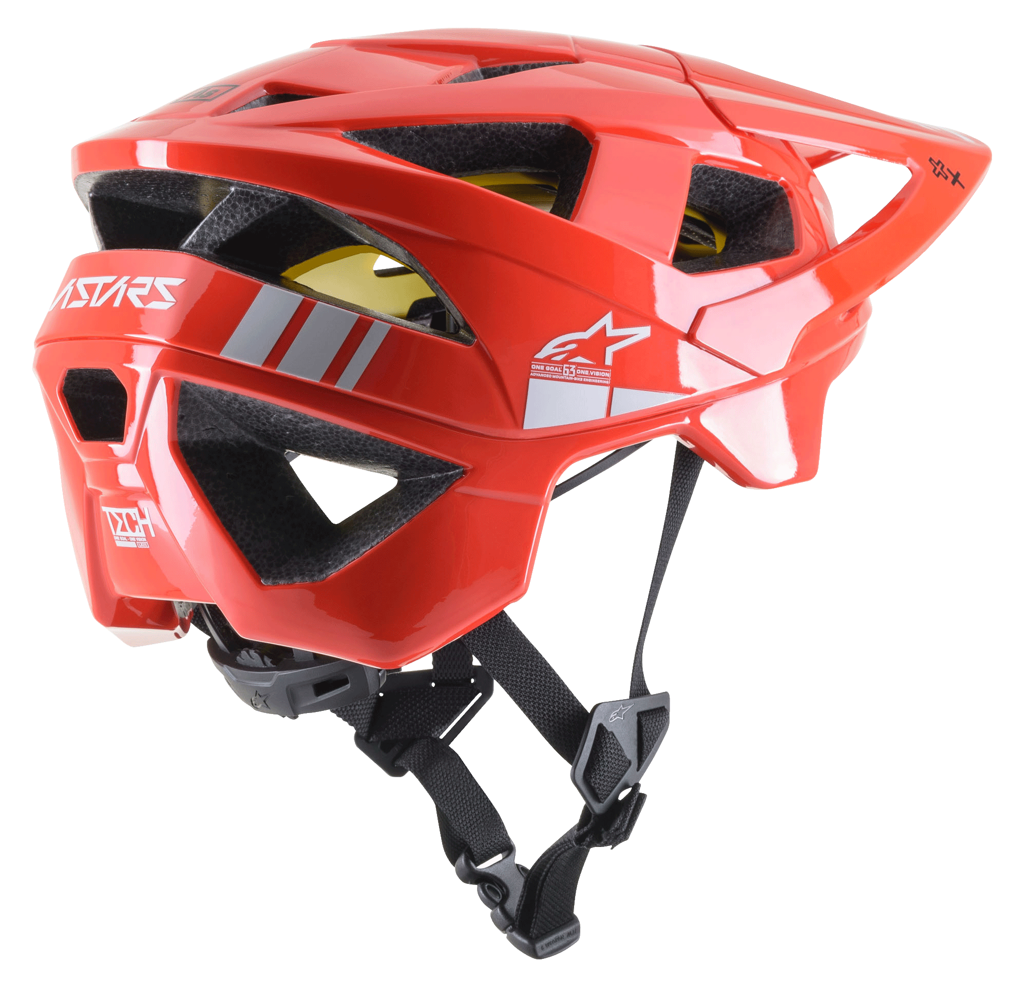 Alpinestars Vector Tech A2 MTB Helmet, capacete de BTT, vermelho vivo e cinzento claro brilhante, com 19 aberturas de ventilação, logótipo branco, forro MIPS amarelo e correia de queixo preta ajustável, durável e leve para proteção todo-o-terreno
