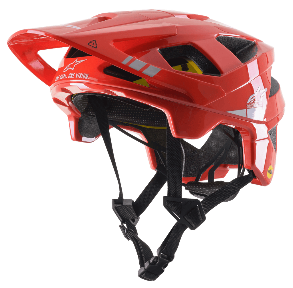 Capacete Alpinestars Vector Tech A2 MTB, vermelho vivo com detalhes em cinzento claro brilhante, logótipos e gráficos Alpinestars brancos, viseira ajustável, múltiplas aberturas de ventilação, correias de queixo pretas e design leve de bicicleta de montanha