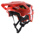 Capacete Alpinestars Vector Tech A2 MTB, vermelho vivo com detalhes em cinzento claro brilhante, logótipos e gráficos Alpinestars brancos, viseira ajustável, múltiplas aberturas de ventilação, correias de queixo pretas e design leve de bicicleta de montanha