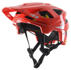 Capacete Alpinestars Vector Tech A2 MTB, vermelho vivo com detalhes em cinzento claro brilhante, logótipos e gráficos Alpinestars brancos, viseira ajustável, múltiplas aberturas de ventilação, correias de queixo pretas e design leve de bicicleta de montanha