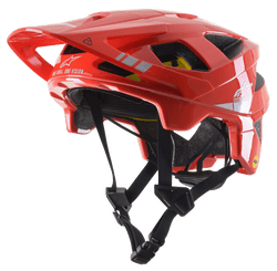 Capacete Alpinestars Vector Tech A2 MTB, vermelho vivo com detalhes em cinzento claro brilhante, logótipos e gráficos Alpinestars brancos, viseira ajustável, múltiplas aberturas de ventilação, correias de queixo pretas e design leve de bicicleta de montanha