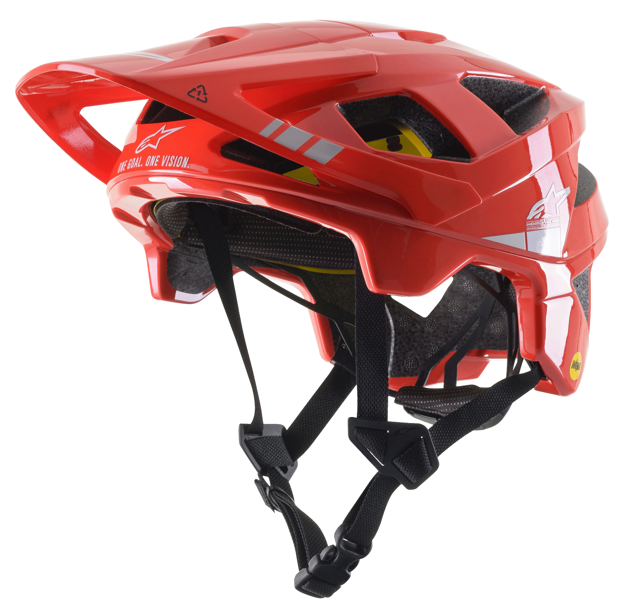 Capacete Alpinestars Vector Tech A2 MTB, vermelho vivo com detalhes em cinzento claro brilhante, logótipos e gráficos Alpinestars brancos, viseira ajustável, múltiplas aberturas de ventilação, correias de queixo pretas e design leve de bicicleta de montanha