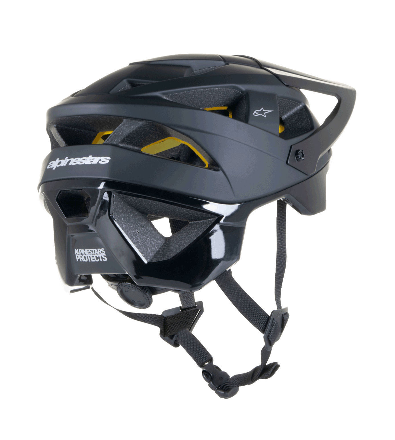 Alpinestars Vector Tech Solid Helmet, MTB cycling helmet, Black Matte and Glossy finish, featuring Mips protection, 19 air vents, and extended nape coverage for off-road trail protection.
