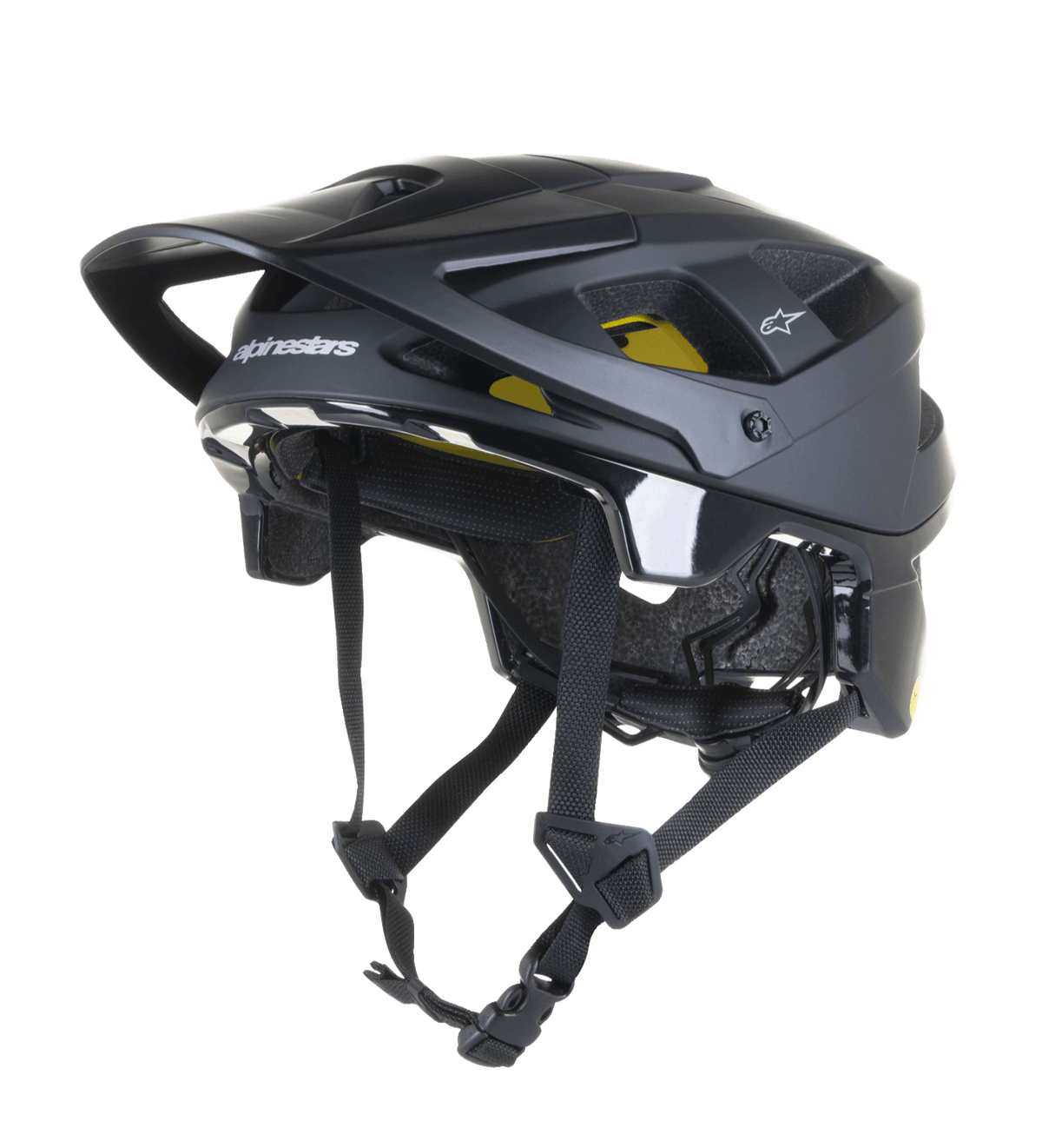 Alpinestars Vector Tech Solid Helmet, capacete de BTT preto, acabamento mate e brilhante com 19 aberturas de ventilação, acolchoamento interior amarelo Mips, viseira e correias ajustáveis, proteção leve para trail e all-mountain