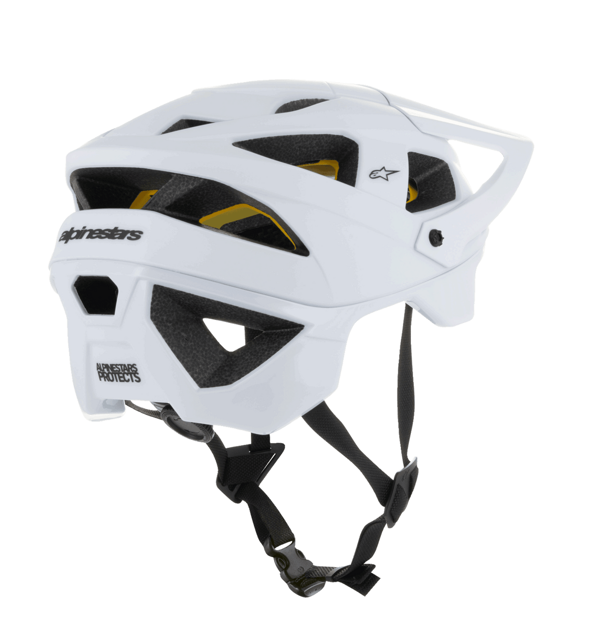 Capacete Alpinestars Vector Tech Solid, capacete de BTT aberto, acabamento Branco Mate e Brilhante, com grandes aberturas de ventilação e forro Mips amarelo visível, logótipo Alpinestars preto na parte traseira e correia de queixo preta ajustável, proteção profissional para BTT