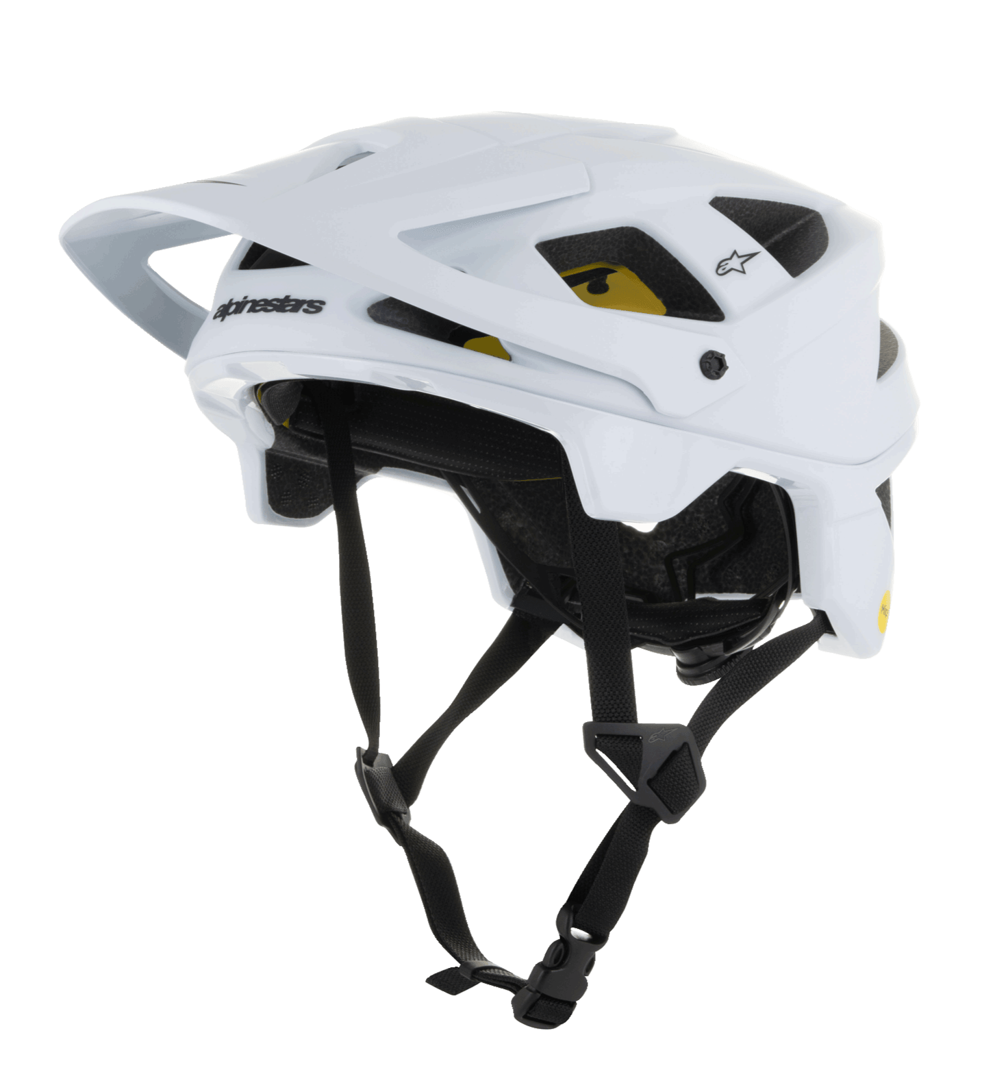 Capacete Alpinestars Vector Tech Solid, capacete de BTT, branco mate e brilhante, com um design angular e múltiplas aberturas de ventilação, correias de queixo ajustáveis pretas, acolchoamento interior Mips amarelo e uma viseira frontal ajustável