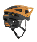 Capacete Alpinestars Vector Tech Zeal, capacete de BTT, preto e dourado escuro, vista lateral traseira com múltiplas aberturas de ventilação, viseira ajustável e correia de queixo preta segura, equipamento de proteção para BTT com marca Alpinestars