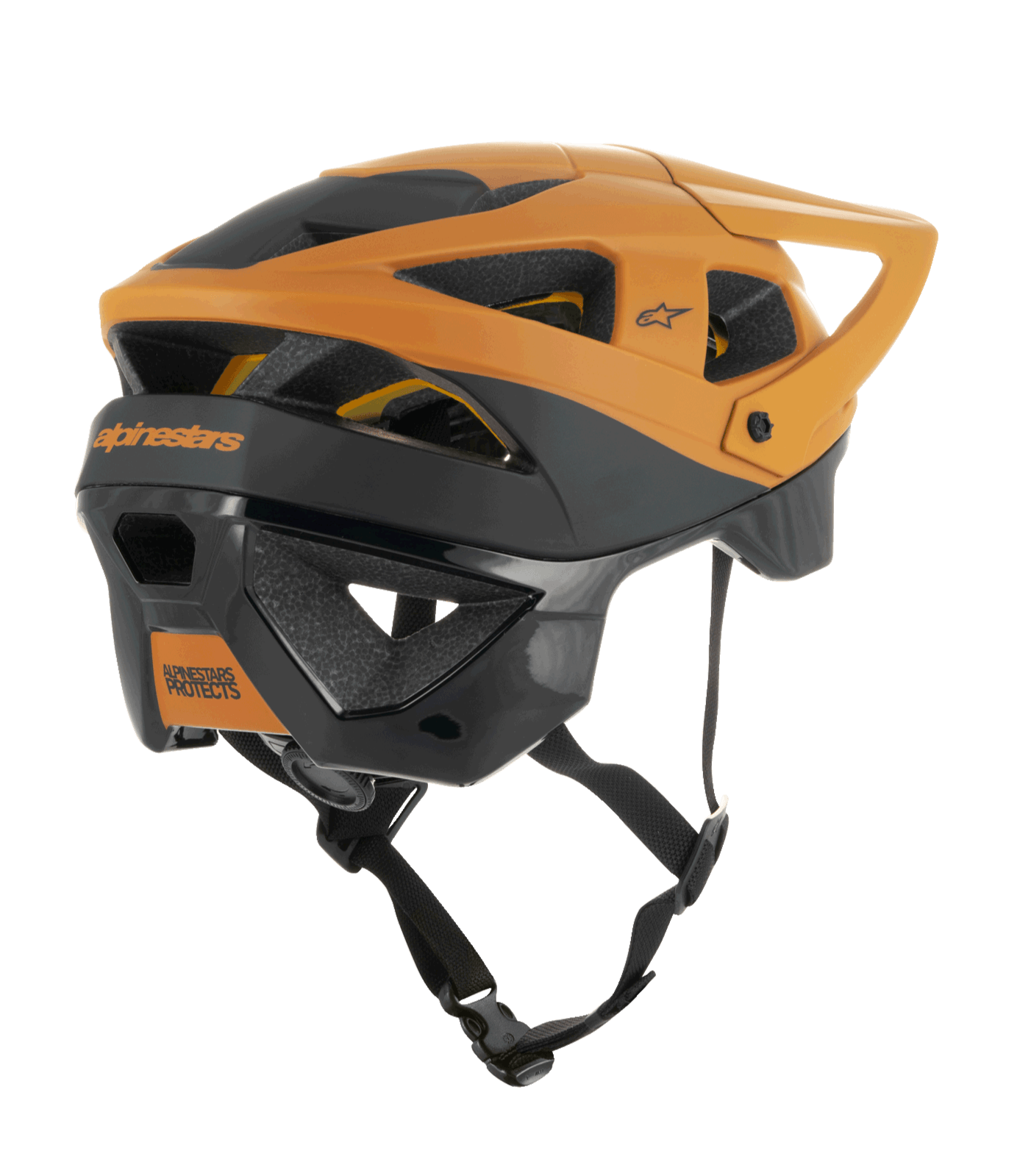 Capacete Alpinestars Vector Tech Zeal, capacete de BTT, preto e dourado escuro, vista lateral traseira com múltiplas aberturas de ventilação, viseira ajustável e correia de queixo preta segura, equipamento de proteção para BTT com marca Alpinestars