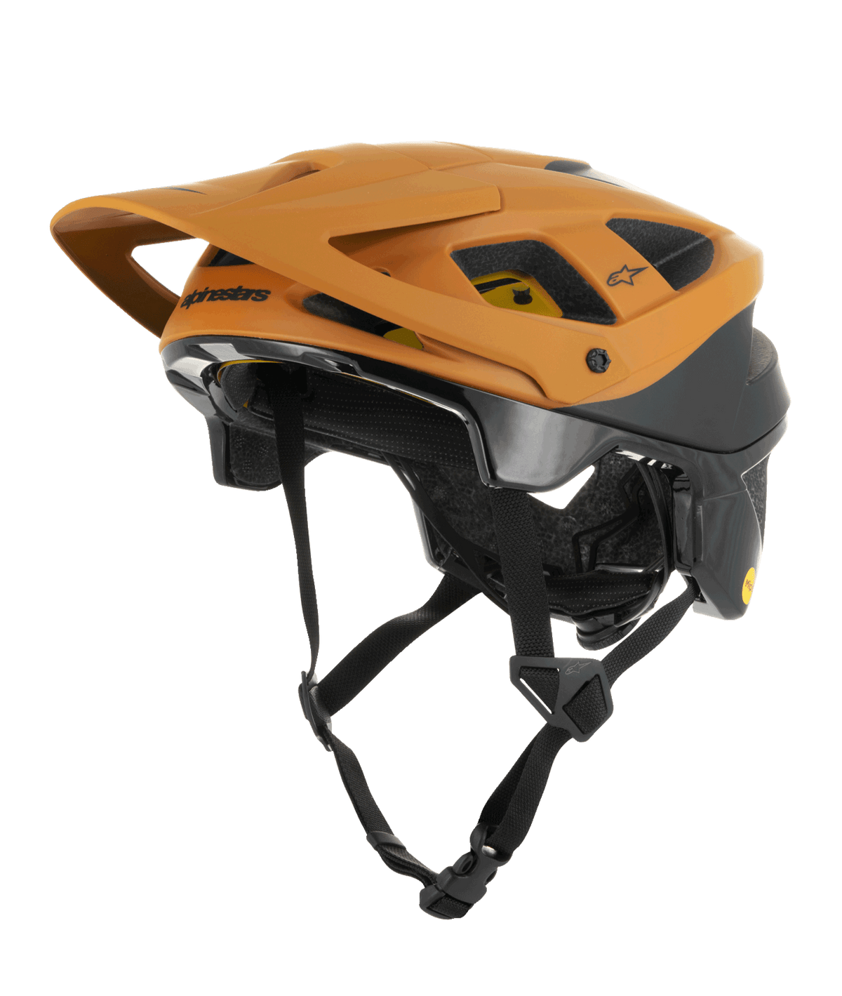 Capacete Alpinestars Vector Tech Zeal, capacete de BTT, laranja e preto com logótipo Mips amarelo, com uma viseira frontal grande, múltiplas aberturas de ventilação e correia de queixo ajustável, concebido para proteção em trilhos fora de estrada
