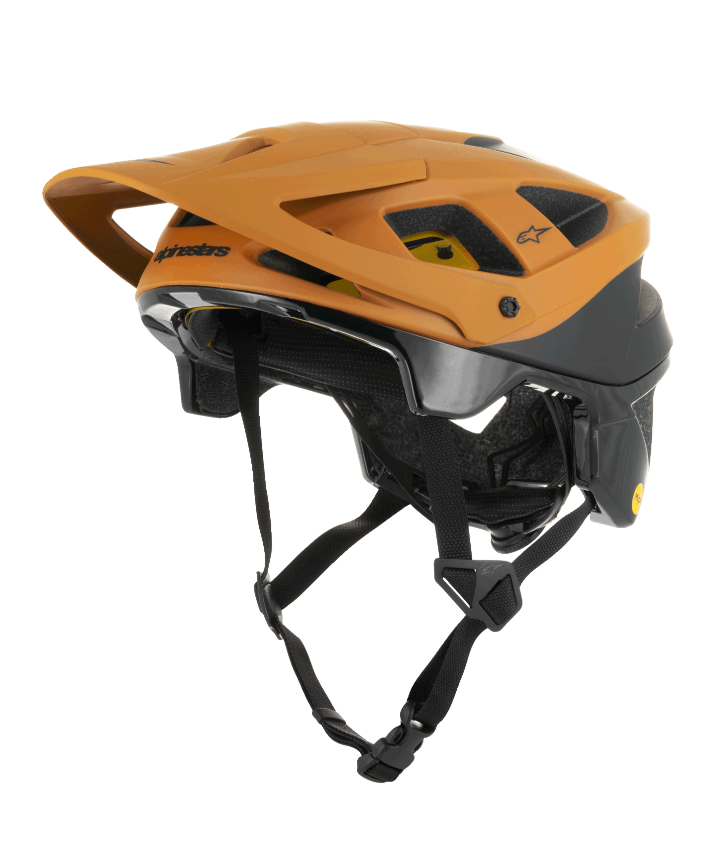 Capacete Alpinestars Vector Tech Zeal, capacete de BTT, laranja e preto com logótipo Mips amarelo, com uma viseira frontal grande, múltiplas aberturas de ventilação e correia de queixo ajustável, concebido para proteção em trilhos fora de estrada