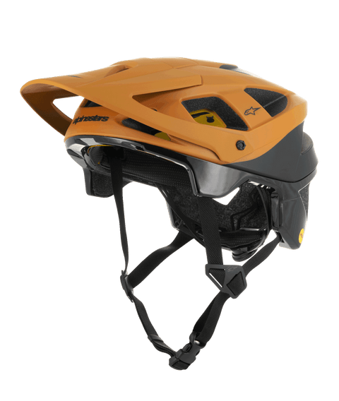 Capacete Alpinestars Vector Tech Zeal, capacete de BTT, laranja e preto com logótipo Mips amarelo, com uma viseira frontal grande, múltiplas aberturas de ventilação e correia de queixo ajustável, concebido para proteção em trilhos fora de estrada
