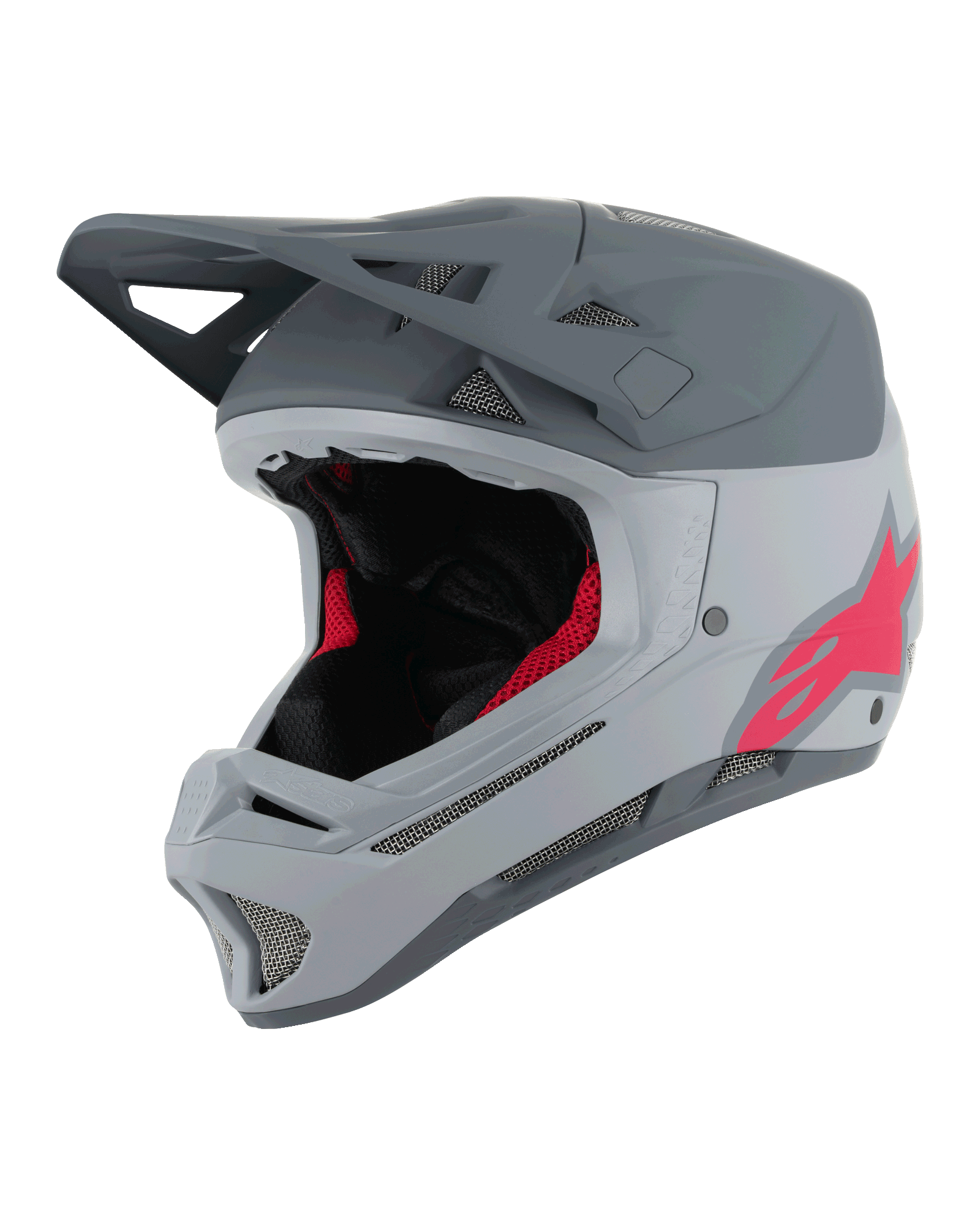 Alpinestars Missile Tech Racer Helmet, capacete integral de MTB, cinzento claro e cinzento escuro mate com logótipo Astars cor-de-rosa, viseira aerodinâmica, múltiplas aberturas de ventilação com malha, forro interior preto e vermelho, equipamento de downhill mountain biking