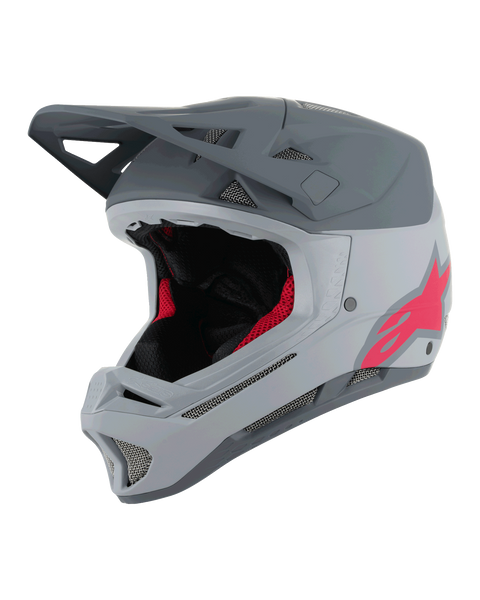 Alpinestars Missile Tech Racer Helmet, capacete integral de MTB, cinzento claro e cinzento escuro mate com logótipo Astars cor-de-rosa, viseira aerodinâmica, múltiplas aberturas de ventilação com malha, forro interior preto e vermelho, equipamento de downhill mountain biking
