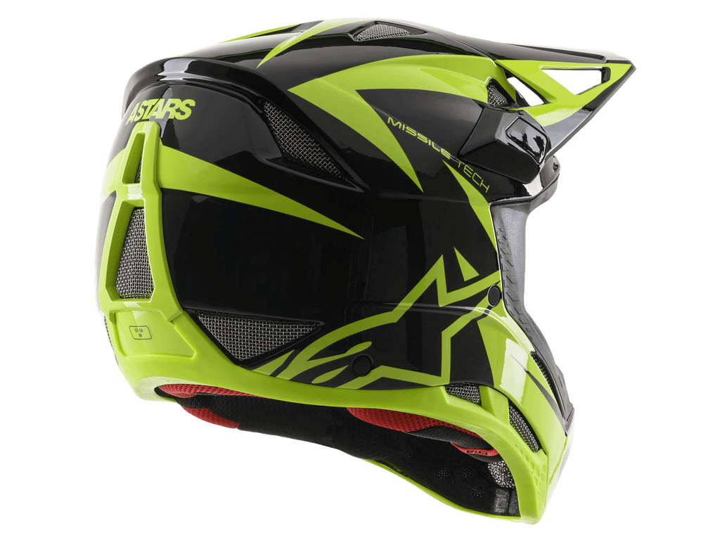 Alpinestars Missile Tech-Air Full Face Helmet, Black and Yellow Fluo Glossy, rear three-quarter view featuring large mesh ventilation ports, ASTARS branding, and red interior lining, designed for downhill MTB performance.