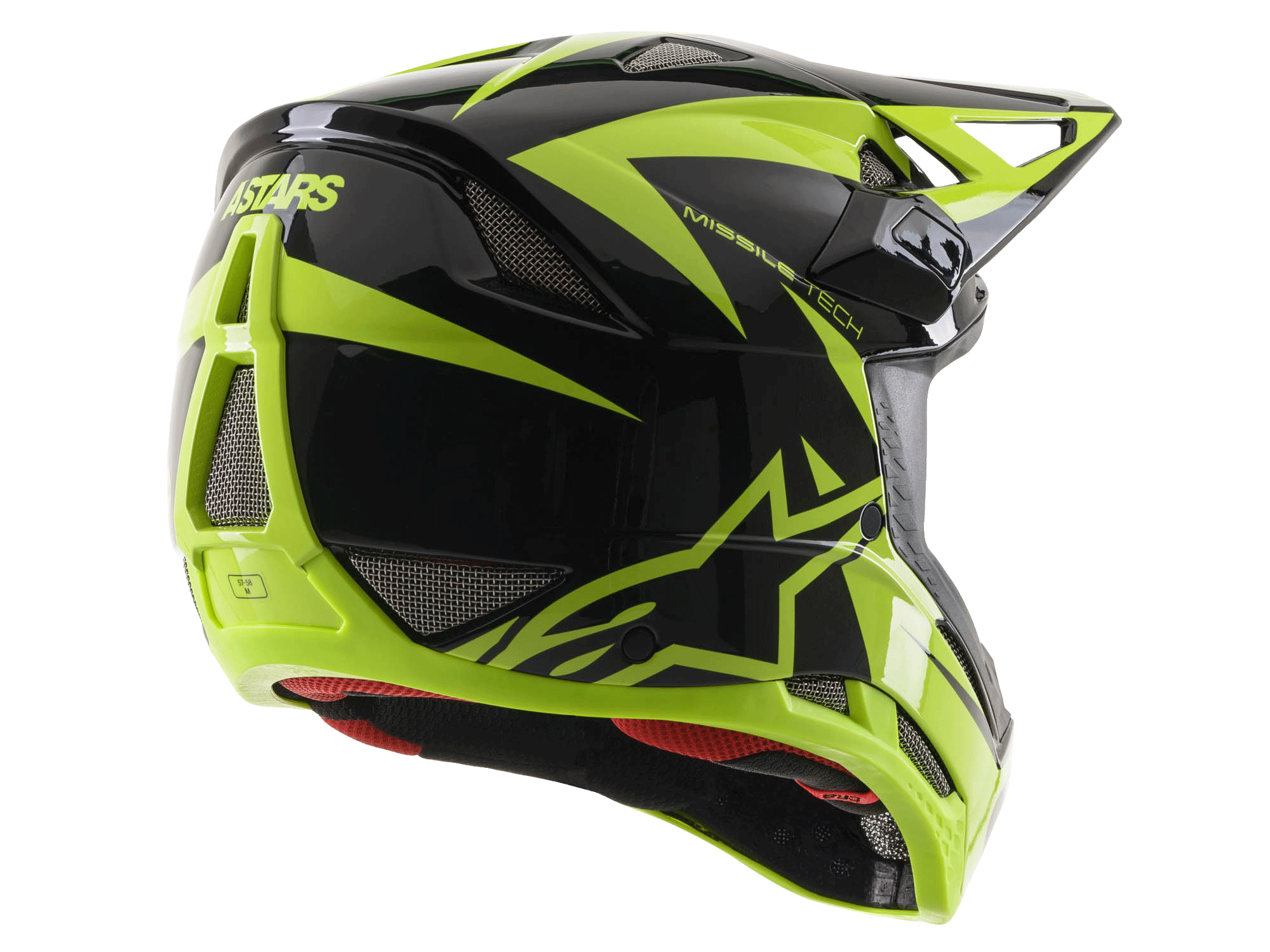 Alpinestars Missile Tech-Air Full Face Helmet, Black and Yellow Fluo Glossy, rear three-quarter view featuring large mesh ventilation ports, ASTARS branding, and red interior lining, designed for downhill MTB performance.