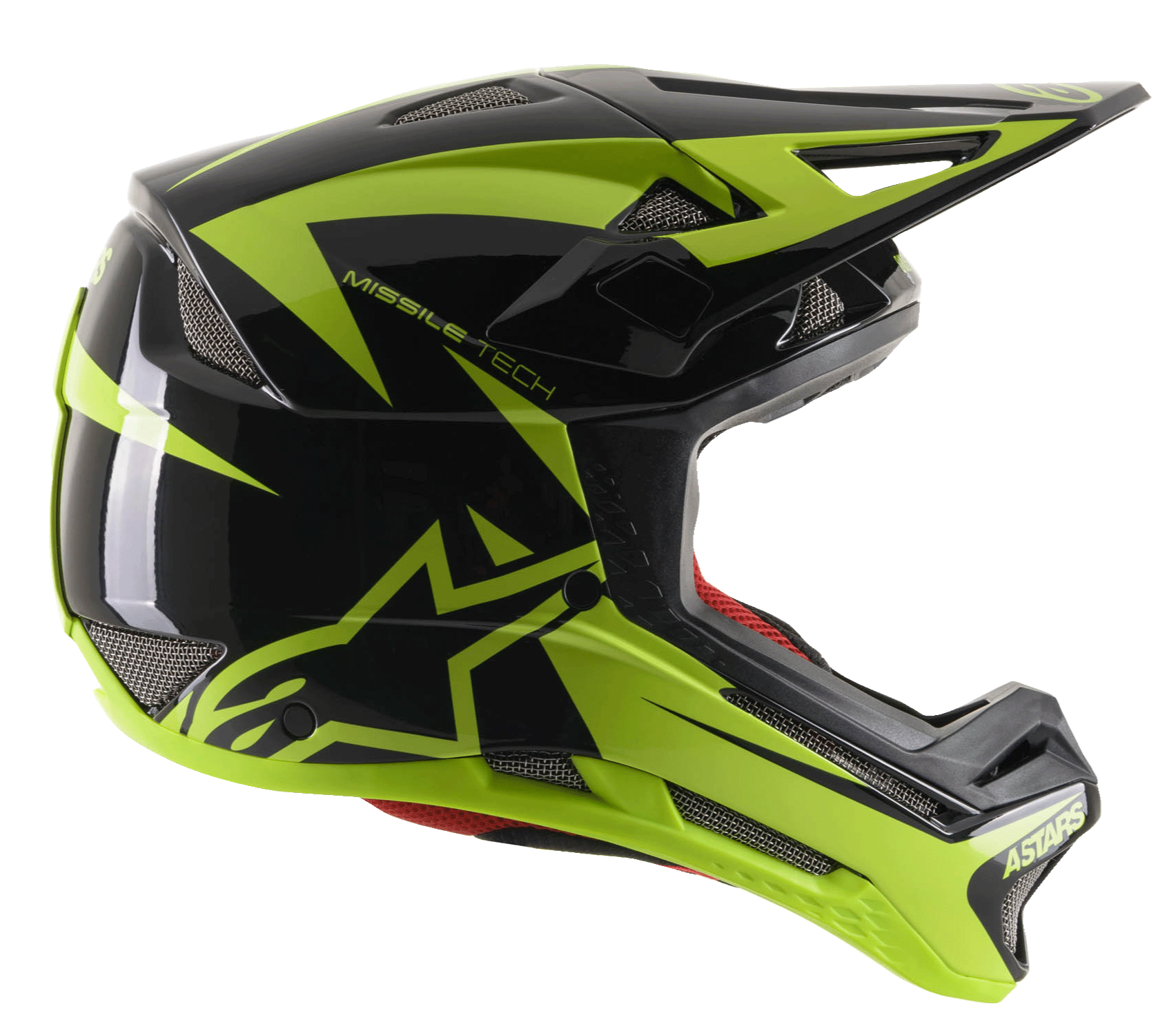 Capacete integral Alpinestars Missile Tech-Air, capacete de BTT Downhill, preto e amarelo néon brilhante, vista de perfil lateral com aberturas de ventilação aerodinâmicas em malha, logótipo de estrela grande em amarelo fluorescente e marca MISSILE TECH, forro interior vermelho, design elegante de alta performance para ciclismo de montanha