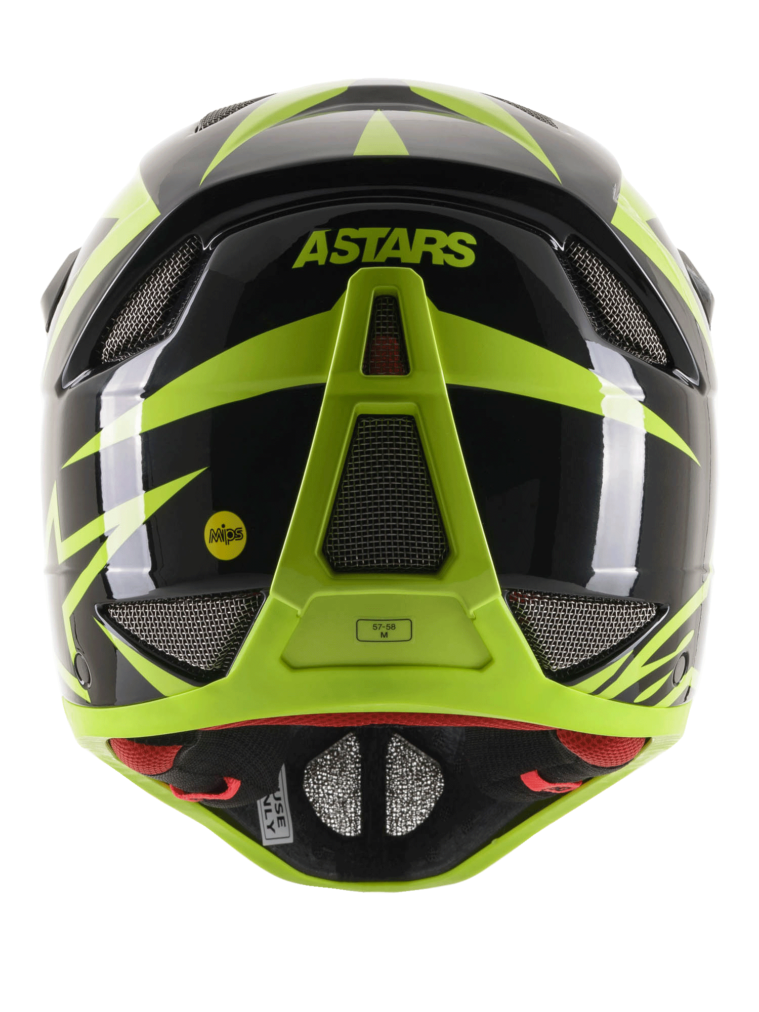 Alpinestars Missile Tech-Air Full Face Helmet, Rear View, Black and Yellow Fluo Glossy, featuring ASTARS branding and MIPS logo, aerodynamic design with multiple mesh-covered ventilation ports