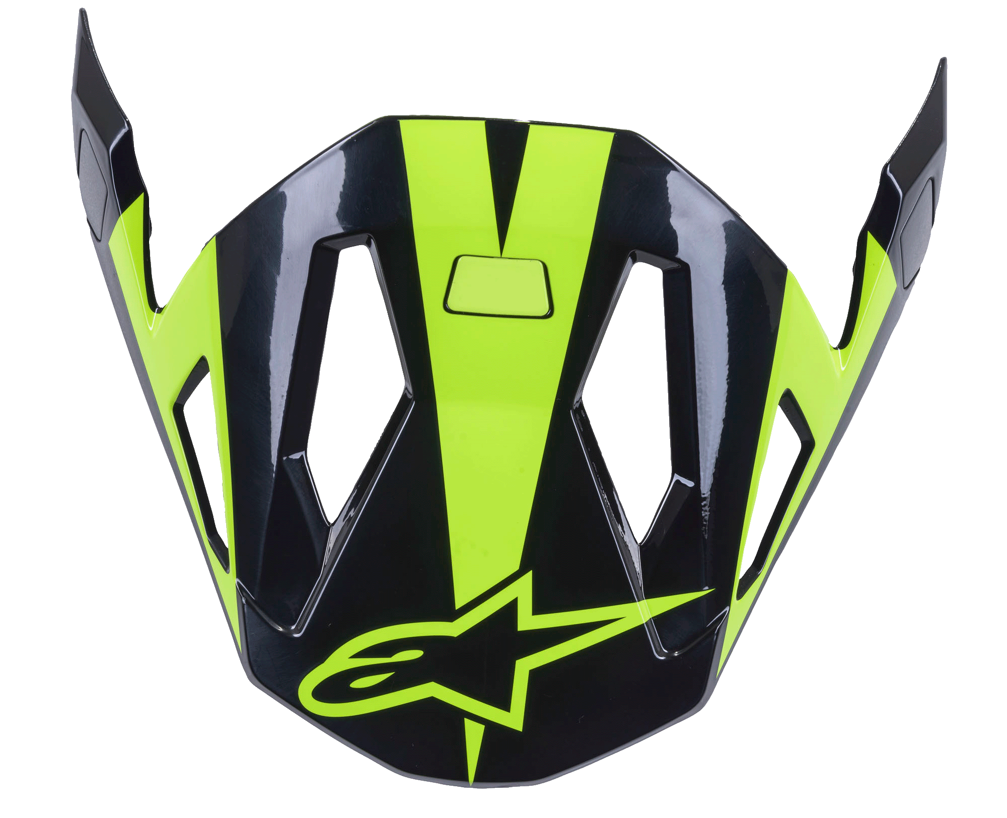 Alpinestars Missile Visor, acessório para capacete de BTT, preto e amarelo néon brilhante, design aerodinâmico com aberturas de ventilação, acabamento brilhante com logótipo em estrela amarelo néon