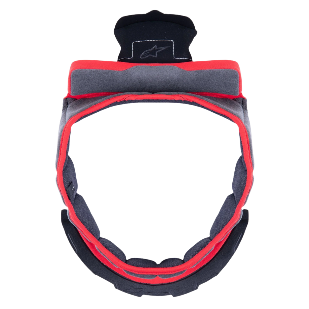 Alpinestars Supertech R10 Crown Pad, Gray replacement helmet interior padding, circular shape with red trim and gray fabric, featuring black plastic attachment components with the Alpinestars logo, designed for motorcycle helmet comfort and fit customization.
