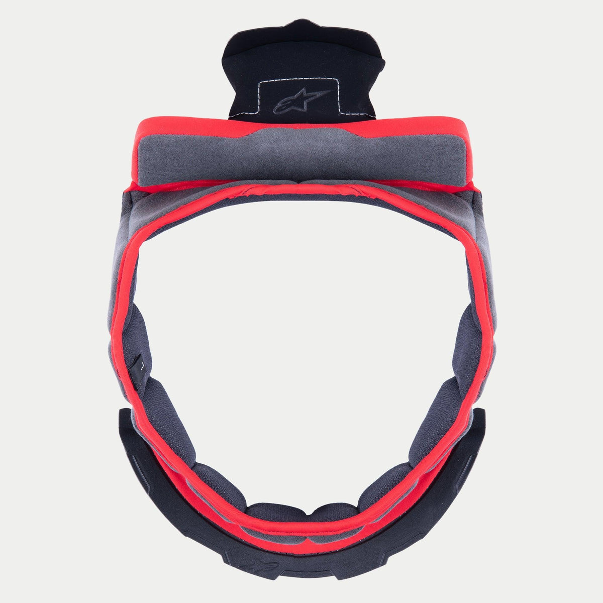 Alpinestars Supertech R10 Crown Pad, Replacement Helmet Interior Padding, Gray soft fabric with Red trim and Black attachment tabs, circular design for S-R10 helmets, featuring embroidered star logo on top tab.