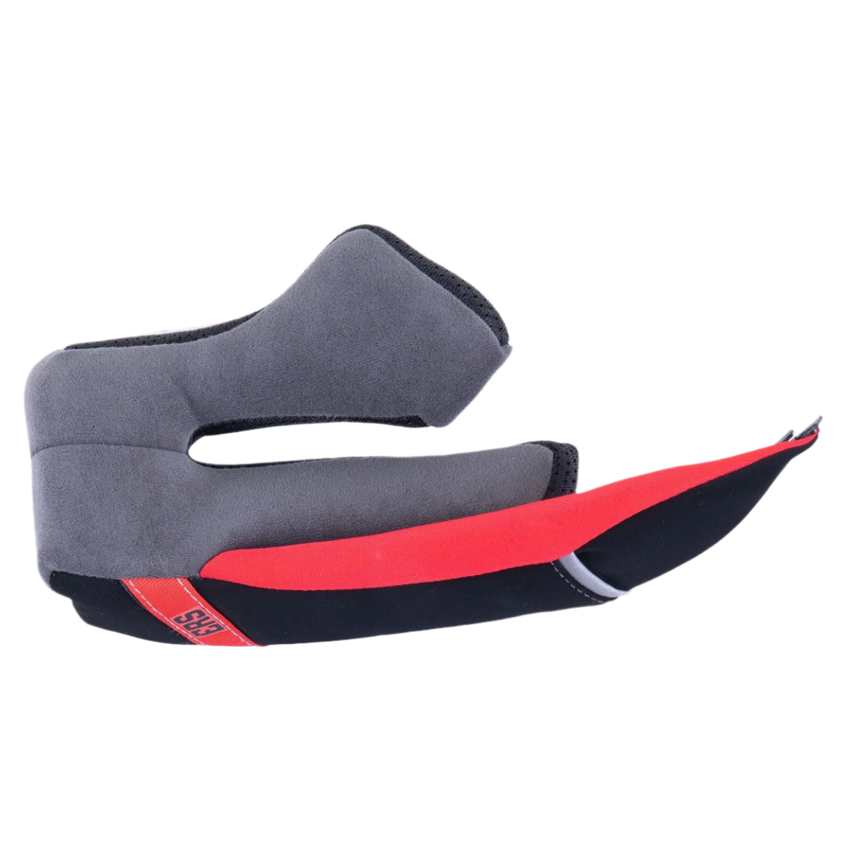 Almofadas Laterais Supertech R10 Standard, peça de substituição para o lado direito de capacete de motociclista, acolchoamento cinzento com detalhes em preto e vermelho, aba vermelha do Sistema de Libertação de Emergência ERS