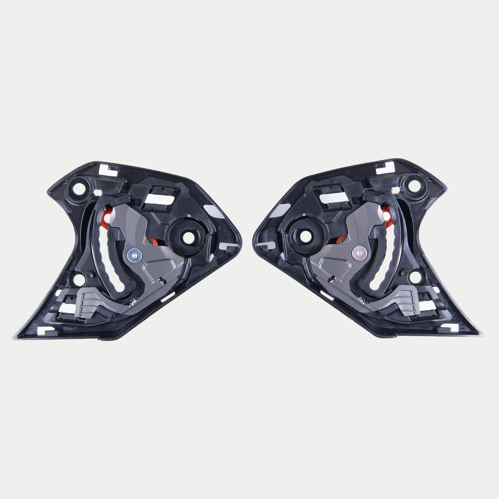 Alpinestars Supertech R10 Shield Mechanism, acessório para capacete, preto, par de mecanismos de substituição de viseira para capacetes S-R10, componentes complexos em plástico preto com peças mecânicas metálicas e cor-de-laranja visíveis, hardware essencial para o funcionamento da viseira do capacete