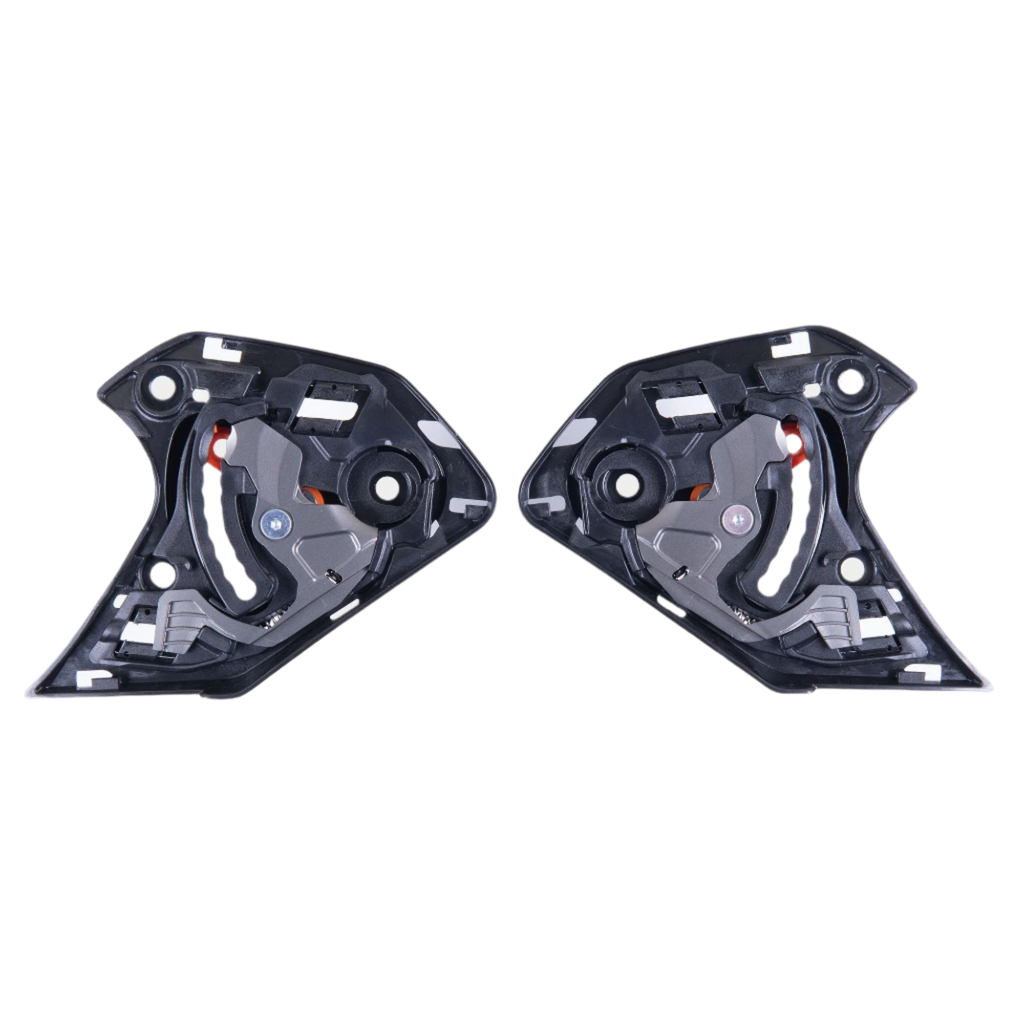 Alpinestars Supertech R10 Shield Mechanism, par de mecanismos de substituição da viseira em preto, componentes esquerdo e direito com pivôs mecânicos e pontos de montagem para capacetes de motociclismo S-R10