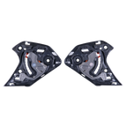 Alpinestars Supertech R10 Shield Mechanism, par de mecanismos de substituição da viseira em preto, componentes esquerdo e direito com pivôs mecânicos e pontos de montagem para capacetes de motociclismo S-R10
