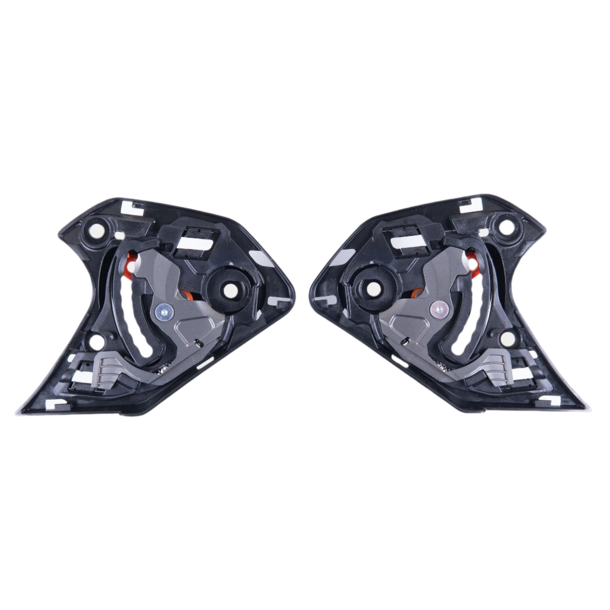 Alpinestars Supertech R10 Shield Mechanism, par de mecanismos de substituição da viseira em preto, componentes esquerdo e direito com pivôs mecânicos e pontos de montagem para capacetes de motociclismo S-R10
