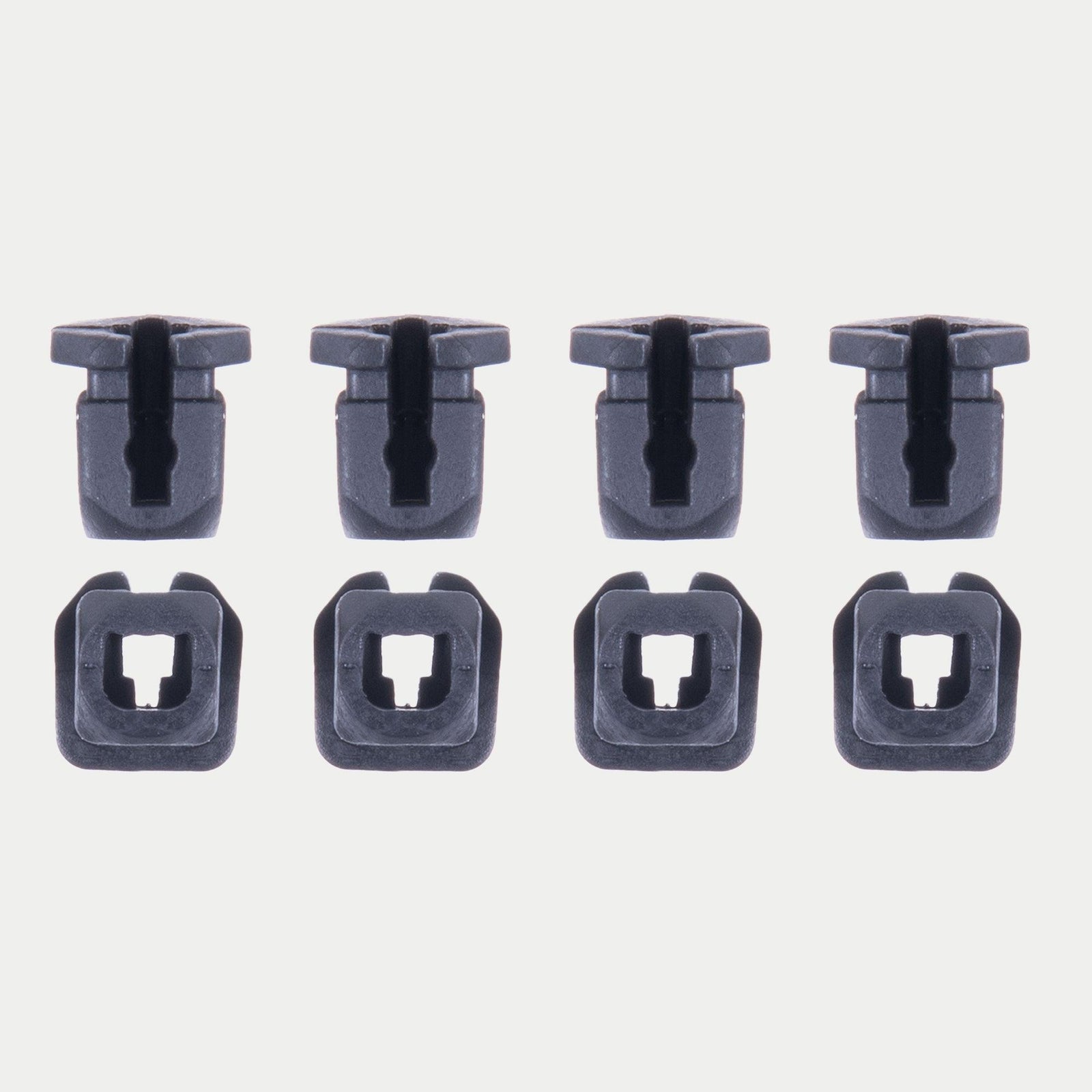 Alpinestars Supertech R10 Connector Set For Spoiler, Helmet Accessory, Black, set of eight replacement plastic connectors, featured in two rows showing side and top-down profiles, official Alpinestars replacement part for S-R10 helmets.