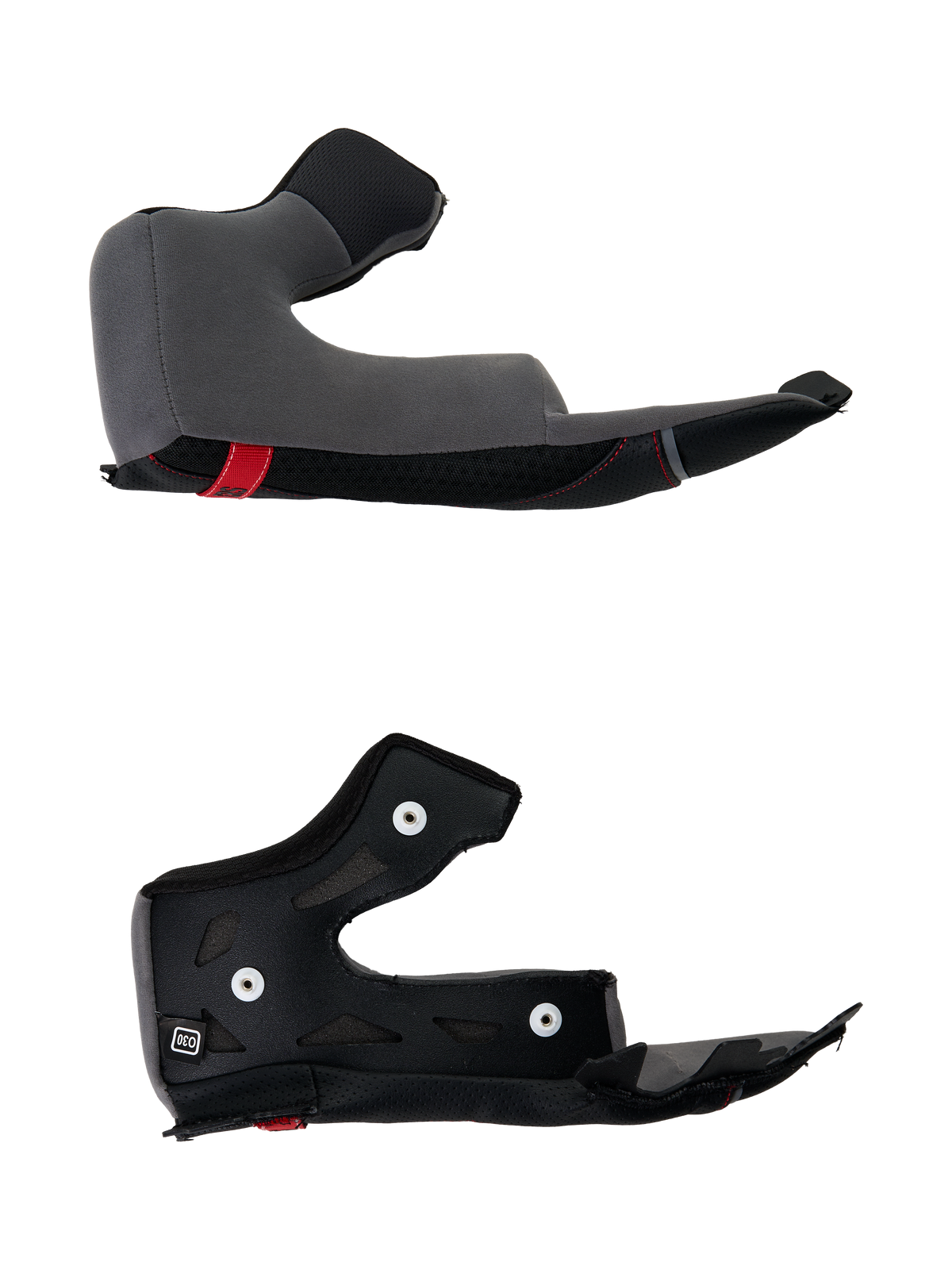 Almofadas laterais Alpinestars S-R7, peça de substituição para capacete de moto, construção em poliuretano cinzento e preto com molas de fixação, vista detalhada do acessório do capacete
