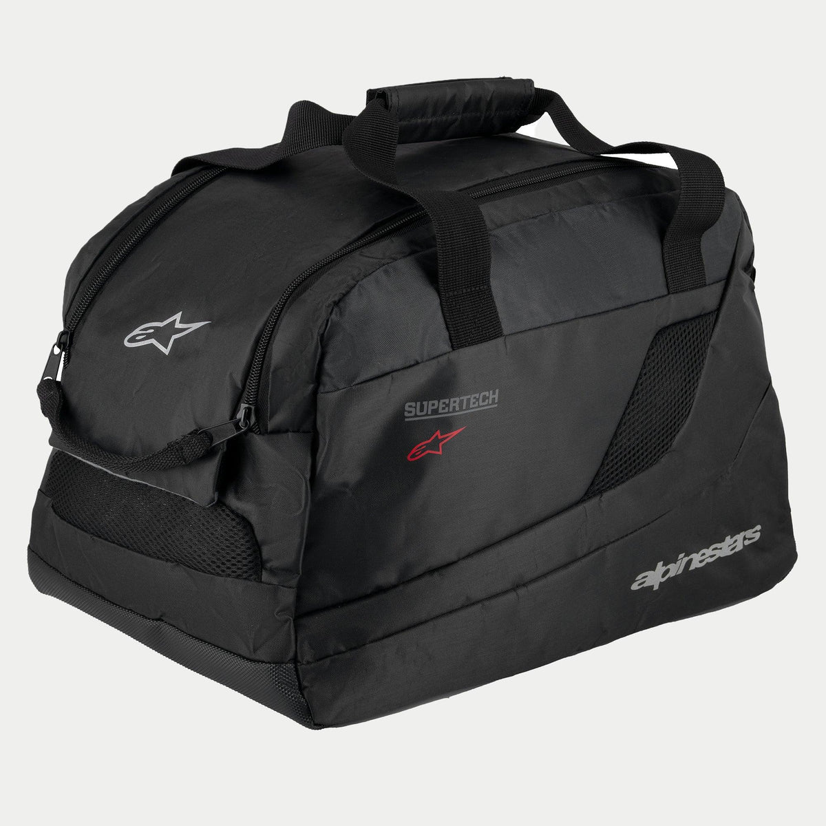 Alpinestars Supertech R10 Helmet Bag, preto, construção acolchoada semi-rígida para capacetes de motociclismo, com pegas de transporte com fecho de velcro, abertura com fecho de correr, painéis de ventilação em malha e logótipos refletores Alpinestars e Supertech