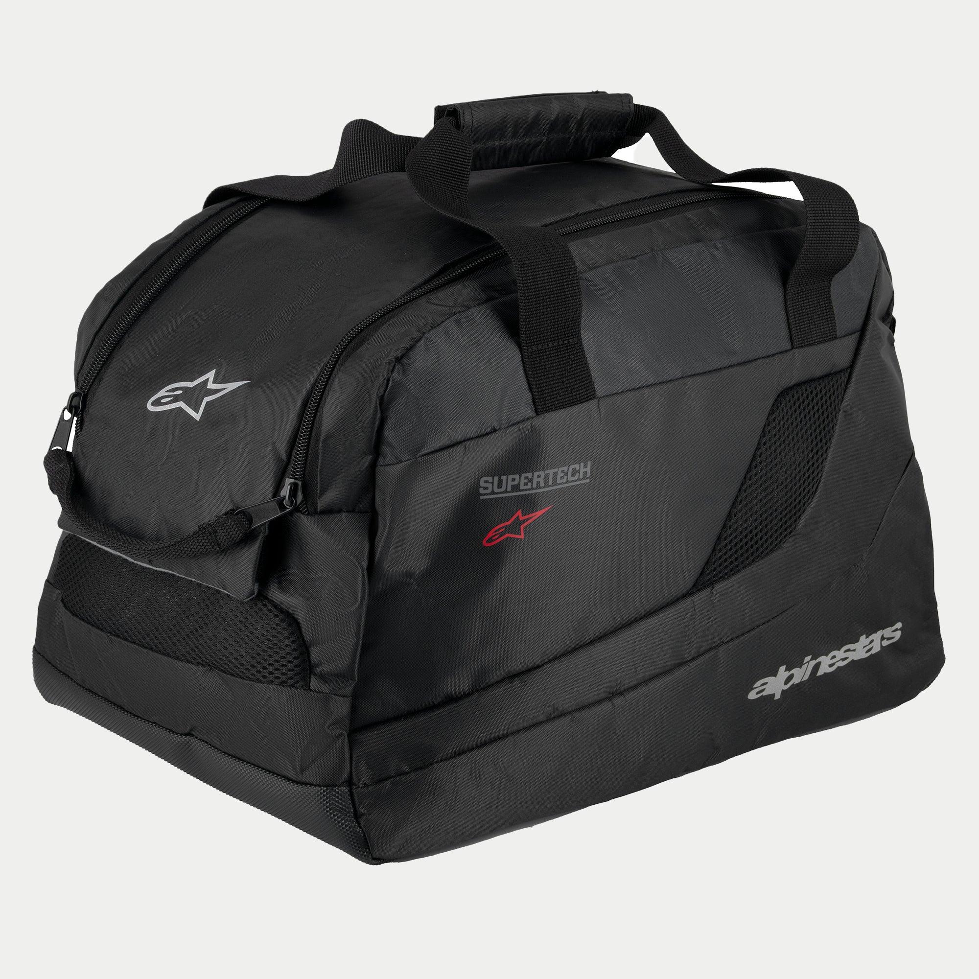 Alpinestars Supertech R10 Helmet Bag, preto, construção acolchoada semi-rígida para capacetes de motociclismo, com pegas de transporte com fecho de velcro, abertura com fecho de correr, painéis de ventilação em malha e logótipos refletores Alpinestars e Supertech