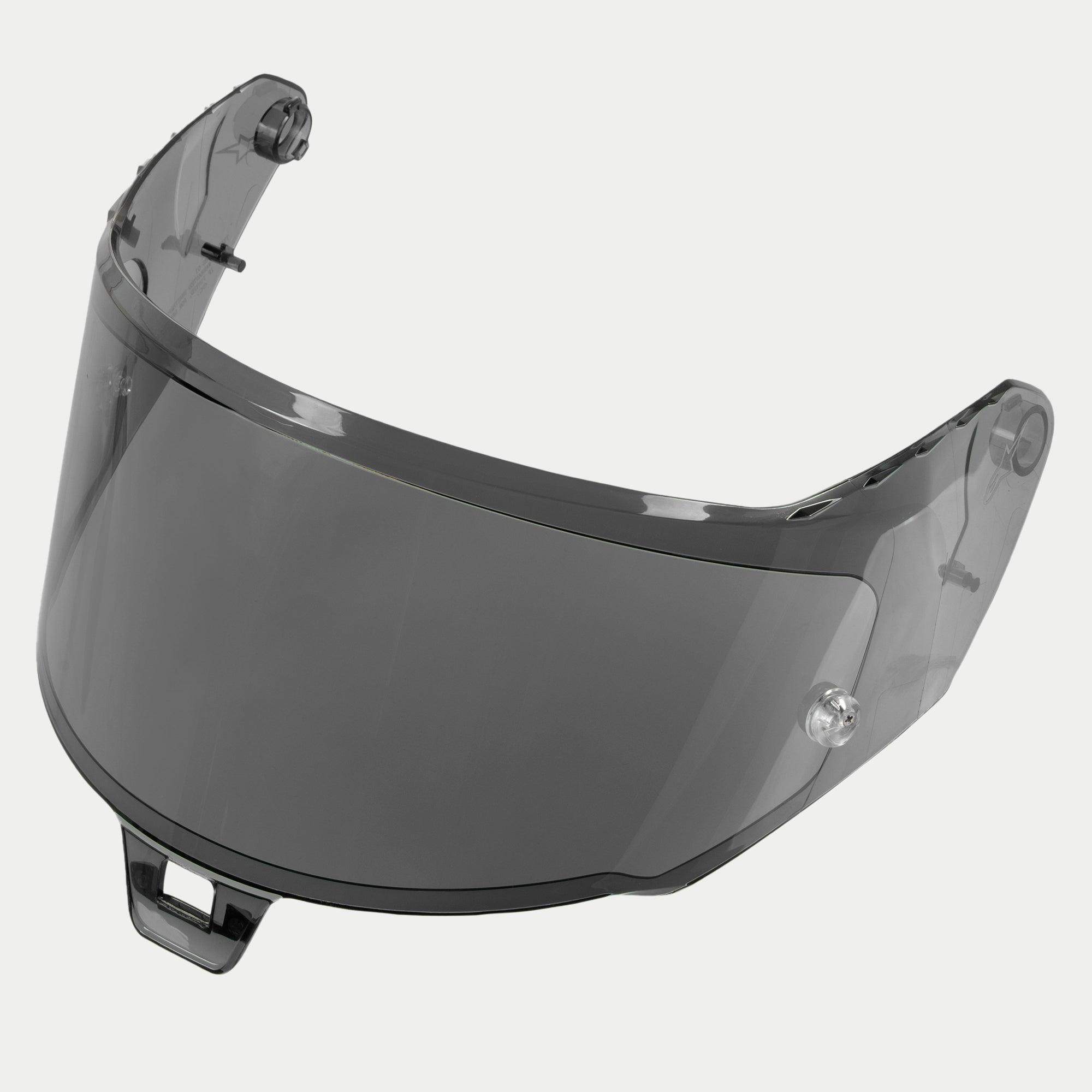 Alpinestars Supertech R10 AFHS-01 Shield, Helmet Accessory, Dark Smoke, curved replacement visor with transparent dark tint, anti-scratch coating, and mounting hardware for daytime riding