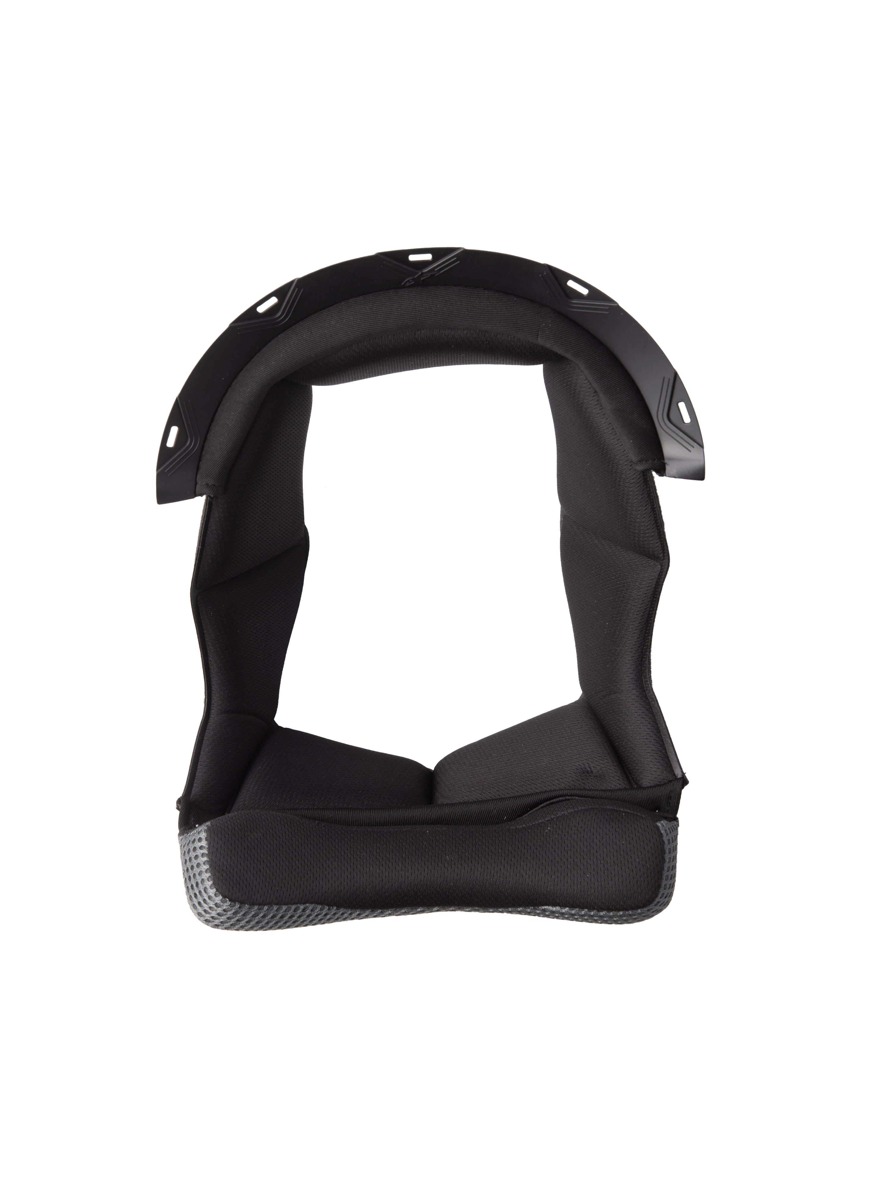 Alpinestars S-M7 Crown Pad, forro de capacete preto com design em forma de U, interior acolchoado com tecido texturizado, rebordo em malha cinzenta, pontos de encaixe em plástico, acolchoamento de conforto e proteção para capacete de motociclismo