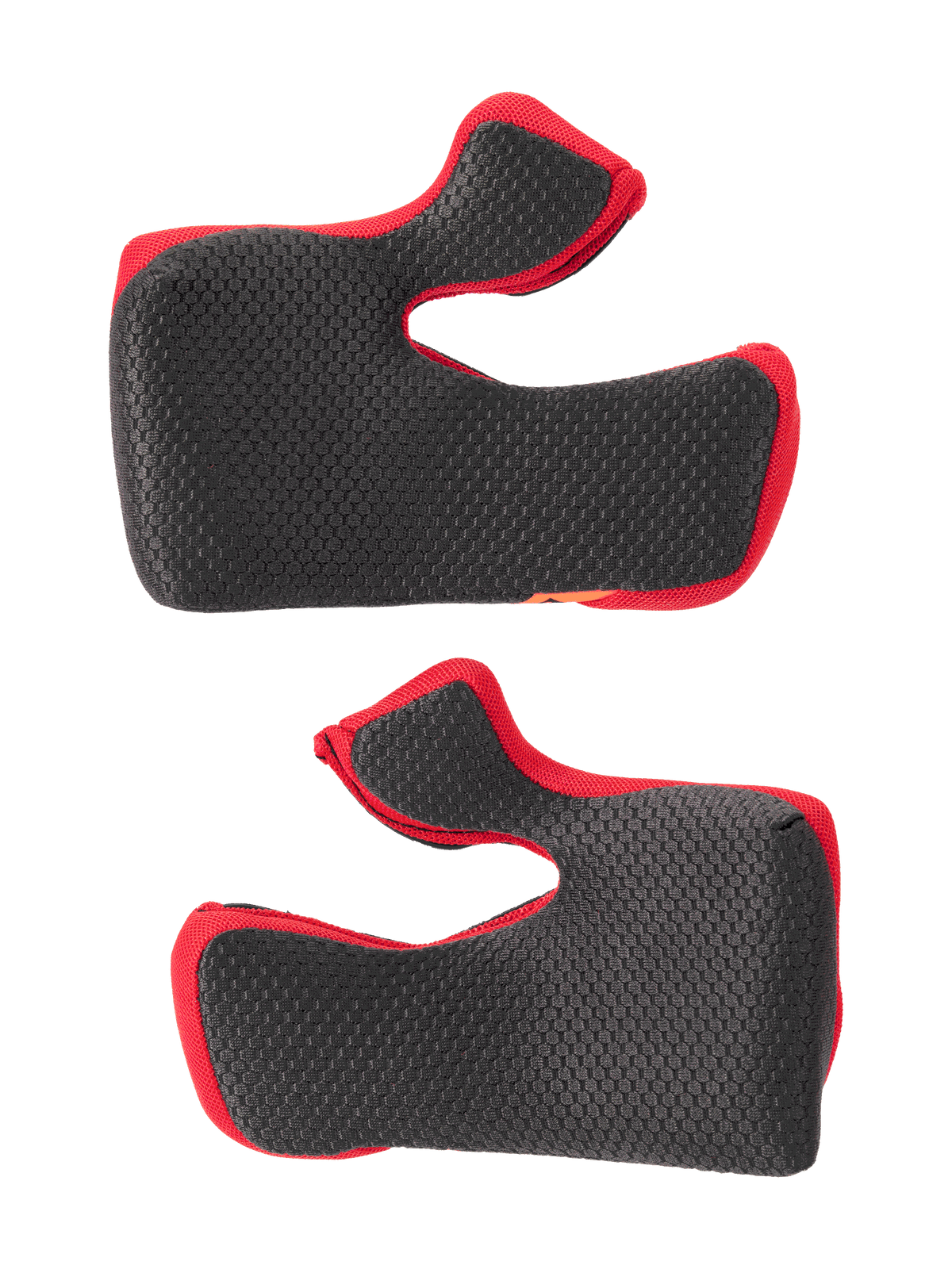 Alpinestars Supertech M10 22.06 Regular Cheek Pad Set, conjunto de almofadas laterais, pretas com rebordos vermelhos, superfície em malha com textura hexagonal, acolchoamento interior de substituição para capacetes de motocross, formato ergonómico curvo