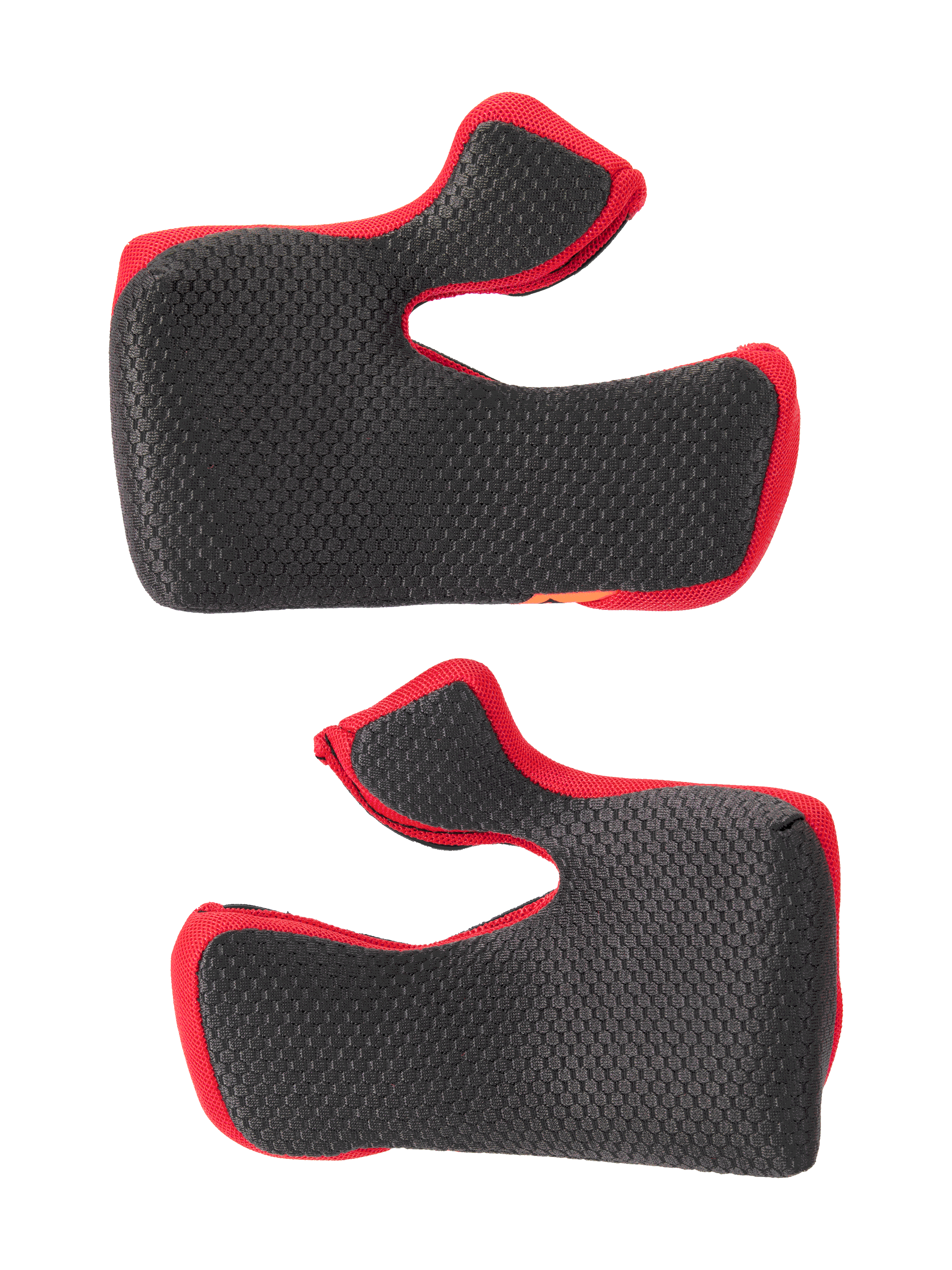 Alpinestars Supertech M10 22.06 Regular Cheek Pad Set, conjunto de almofadas laterais, pretas com rebordos vermelhos, superfície em malha com textura hexagonal, acolchoamento interior de substituição para capacetes de motocross, formato ergonómico curvo